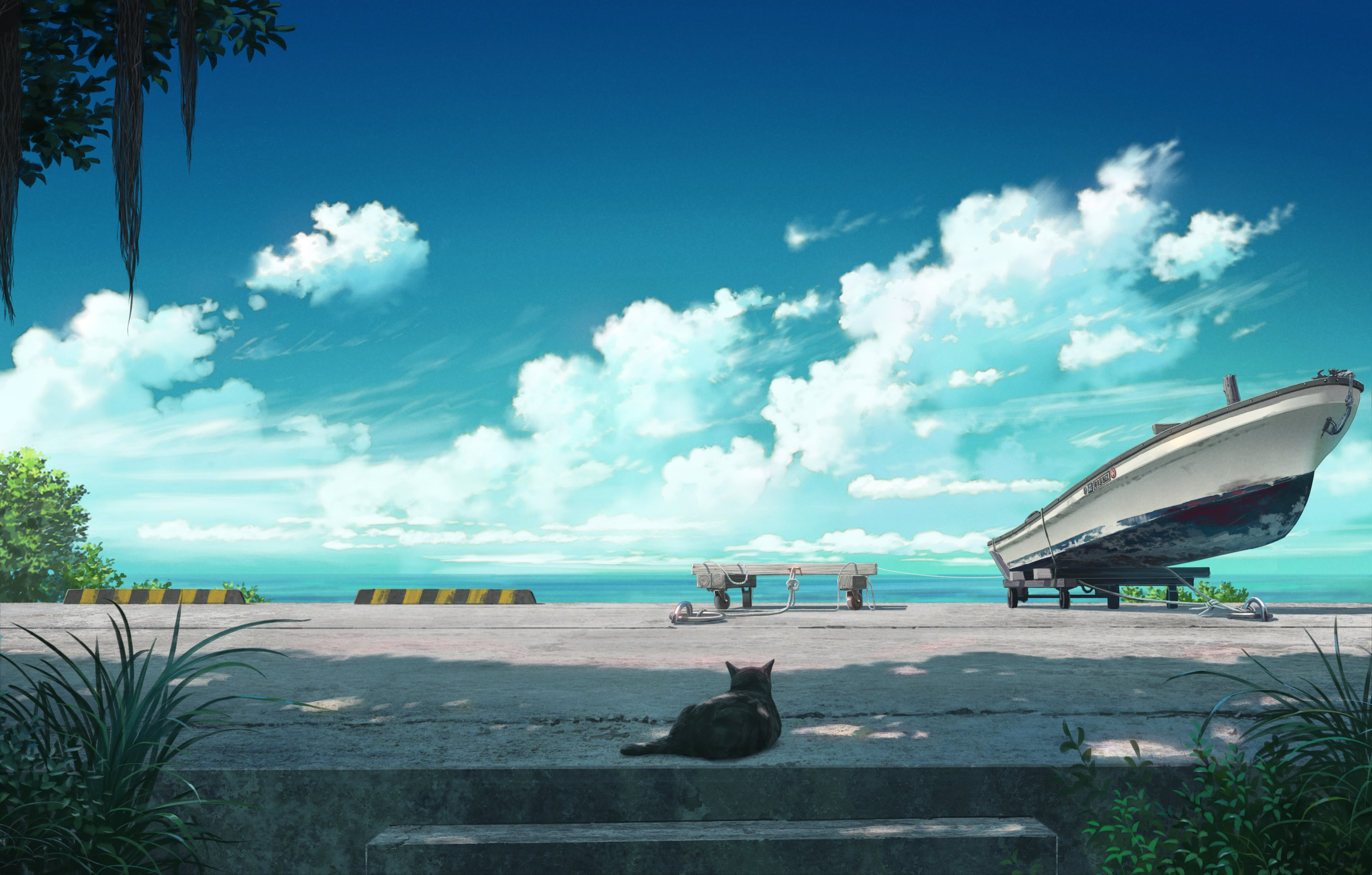 Boat and black cat by the sea HD Wallpaper