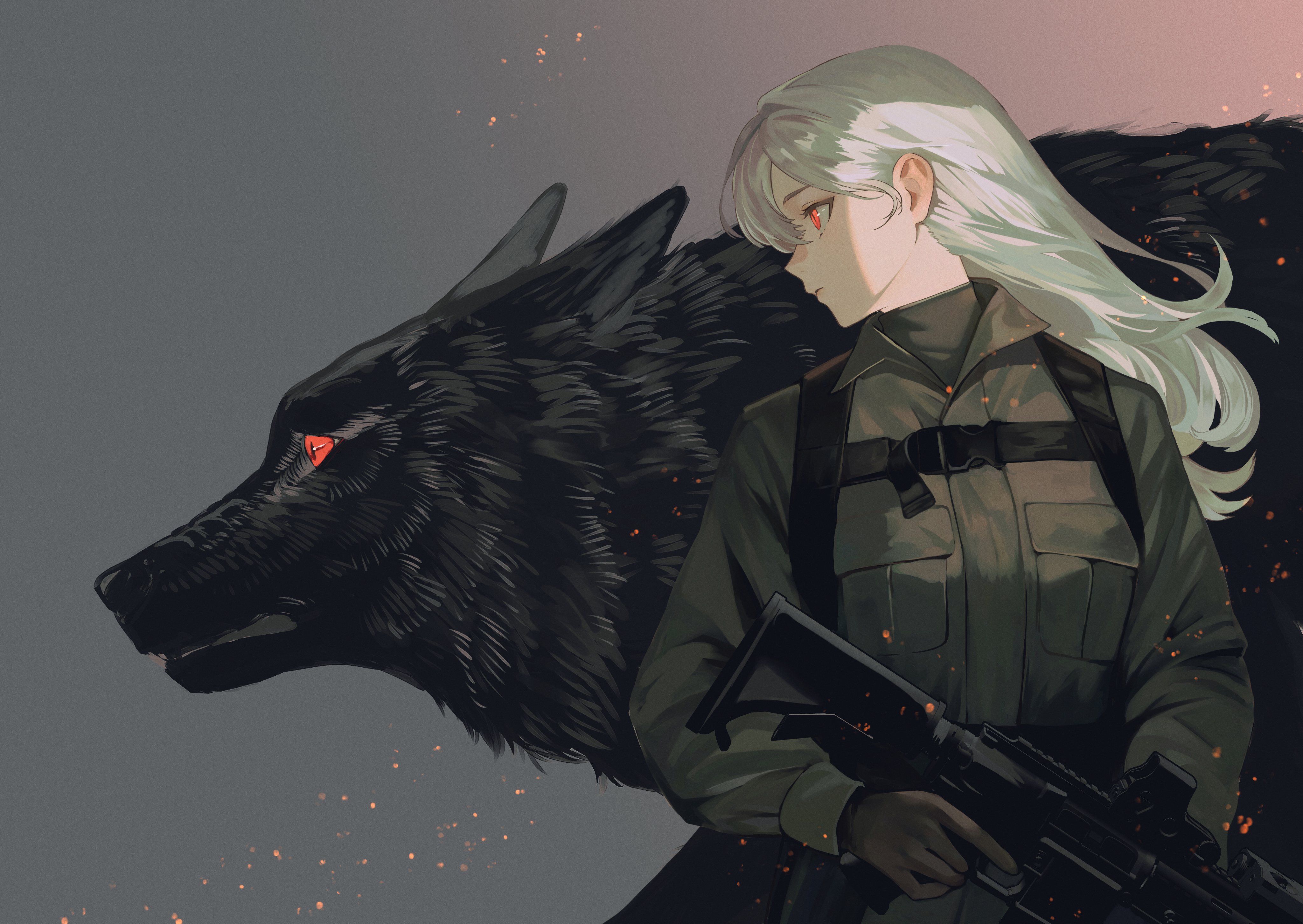 Anime girl with a wolf and a gun HD Wallpaper