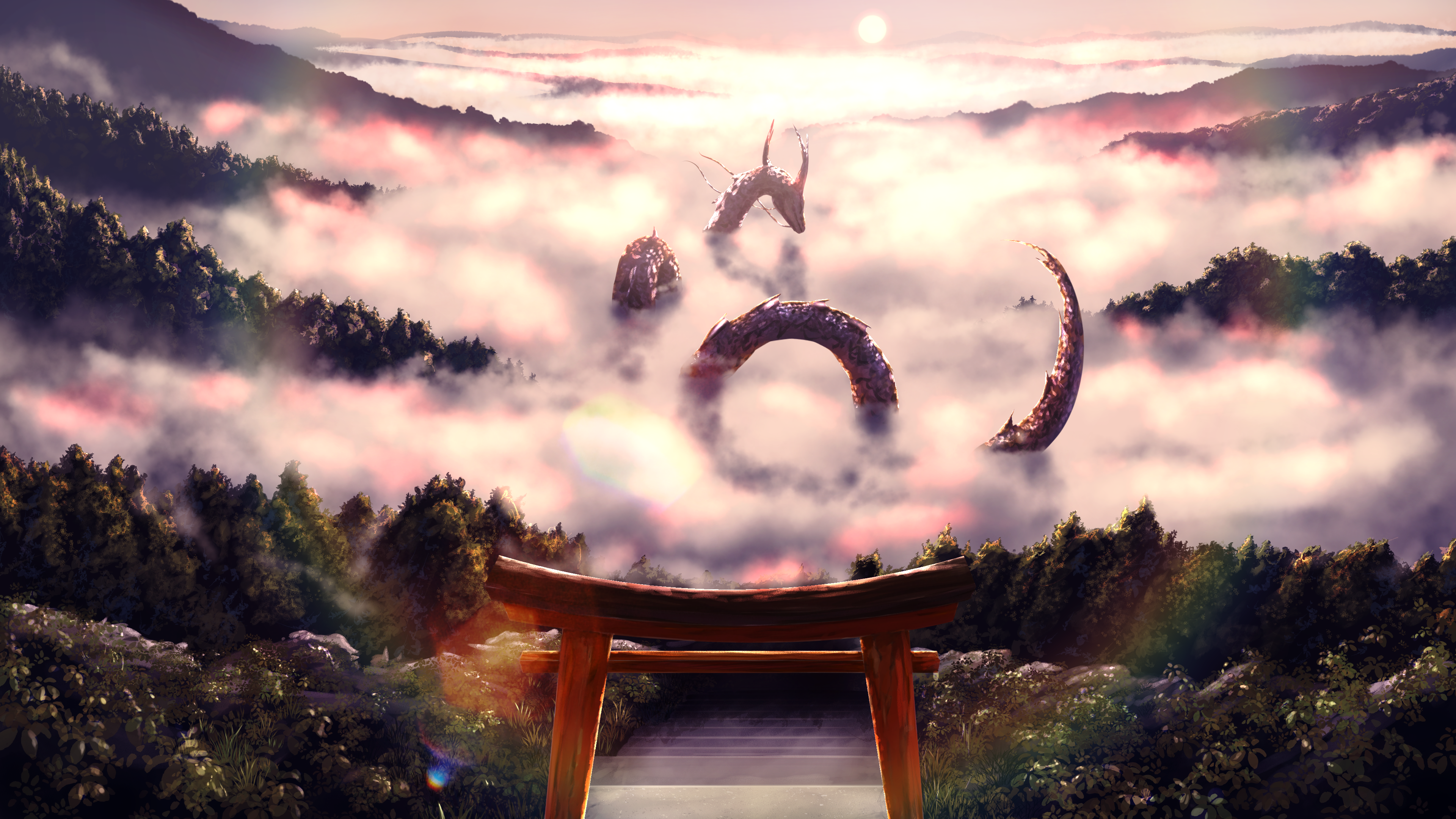Dragon emerging from clouds over mountains at sunset HD Wallpaper