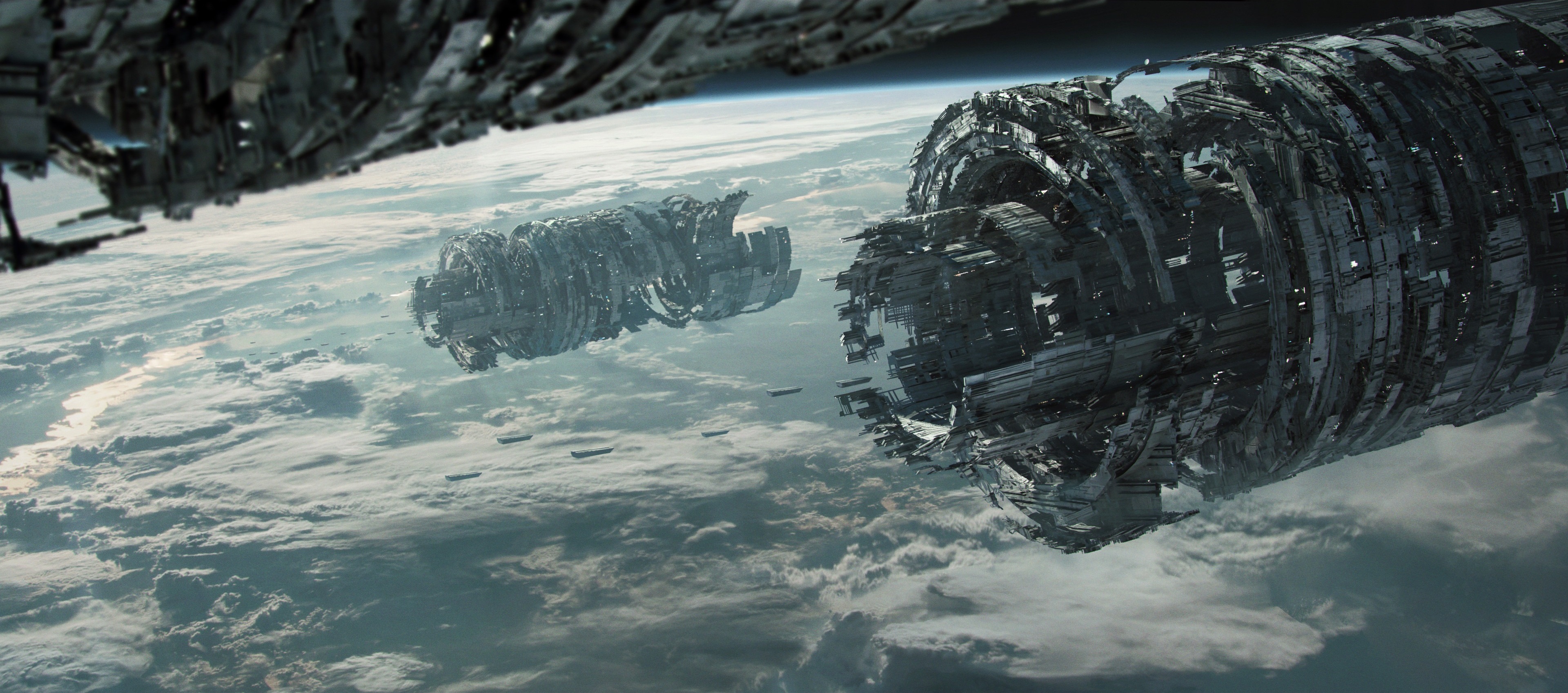 Futuristic spaceships orbiting a planet HD Wallpaper