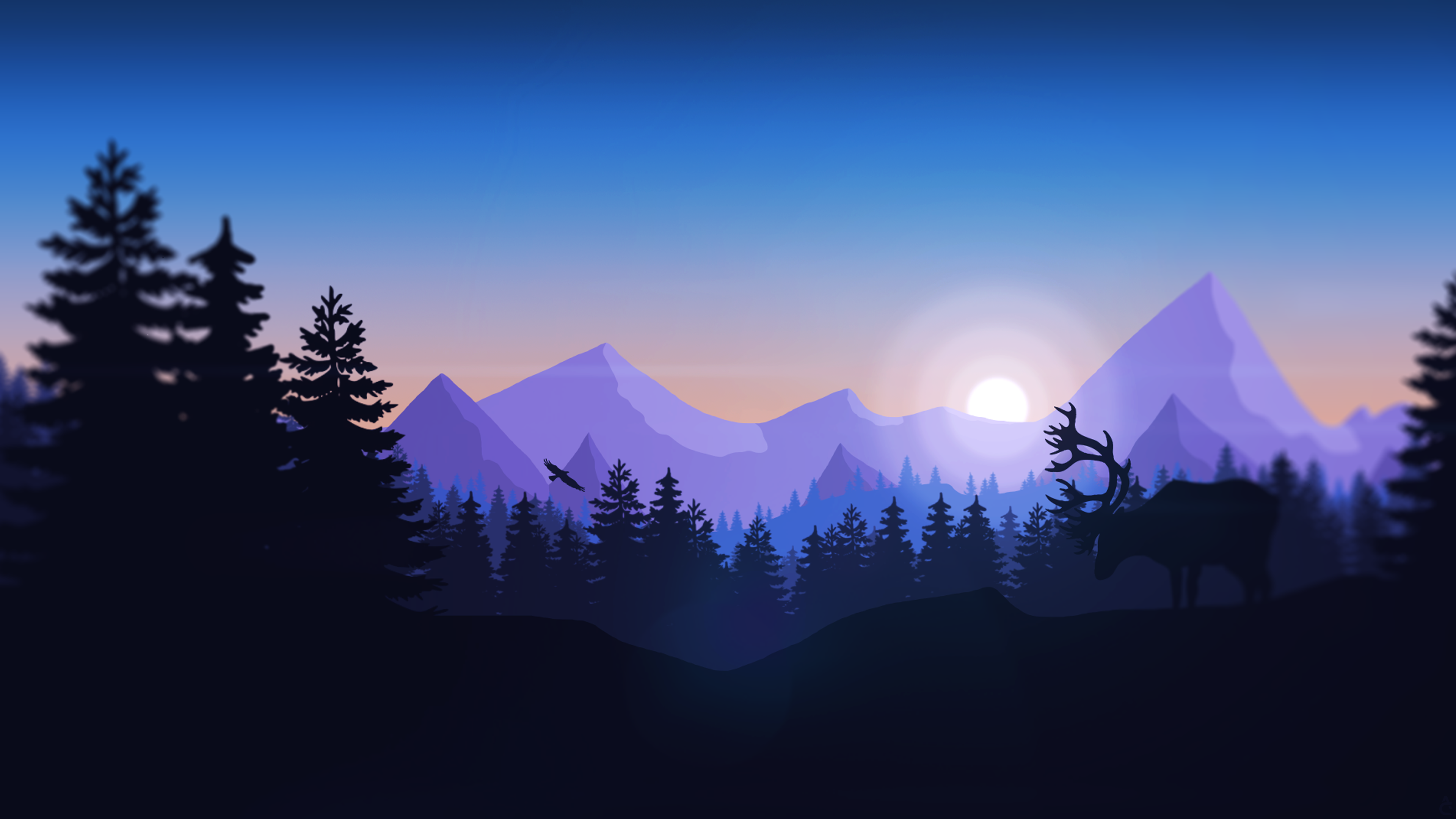 Silhouette of a reindeer and trees against a mountain sunset HD Wallpaper