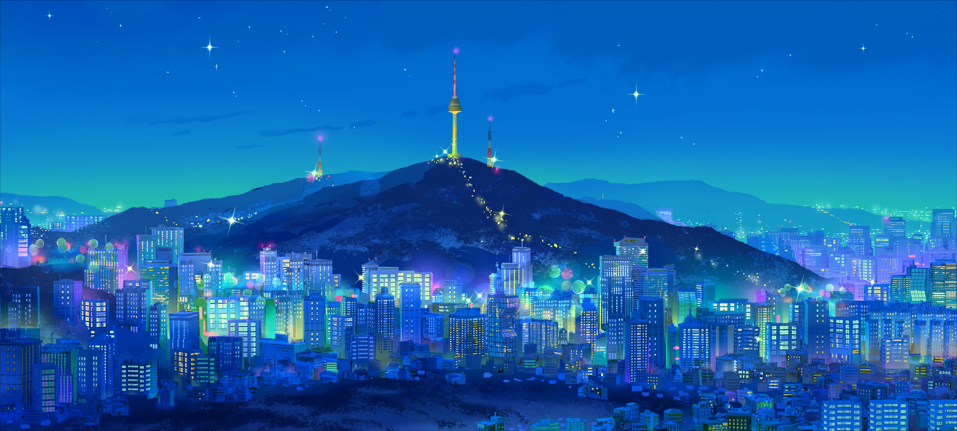 Cityscape at night with a mountain and tower HD Wallpaper