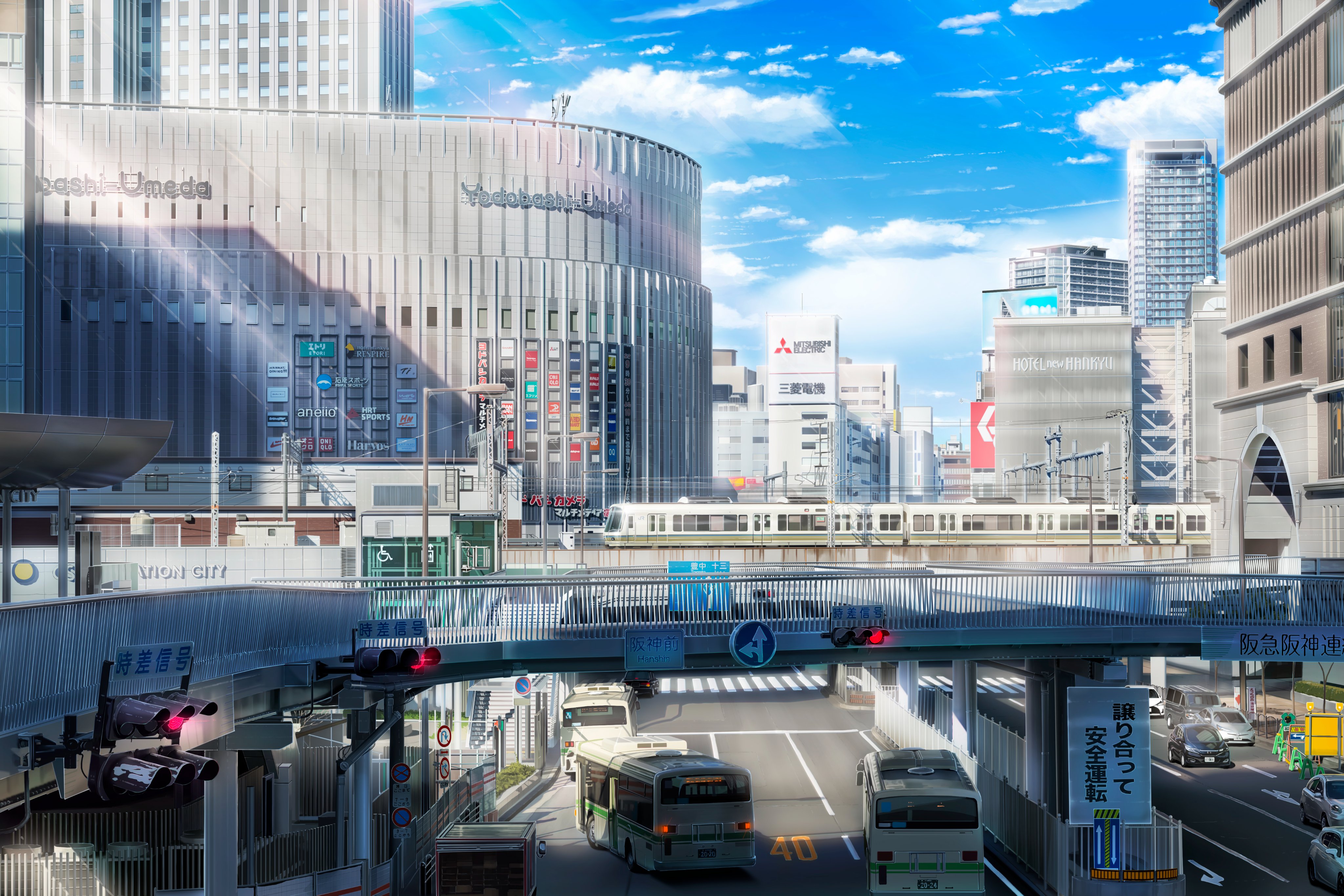Buses and cars on a city street with a train overhead HD Wallpaper