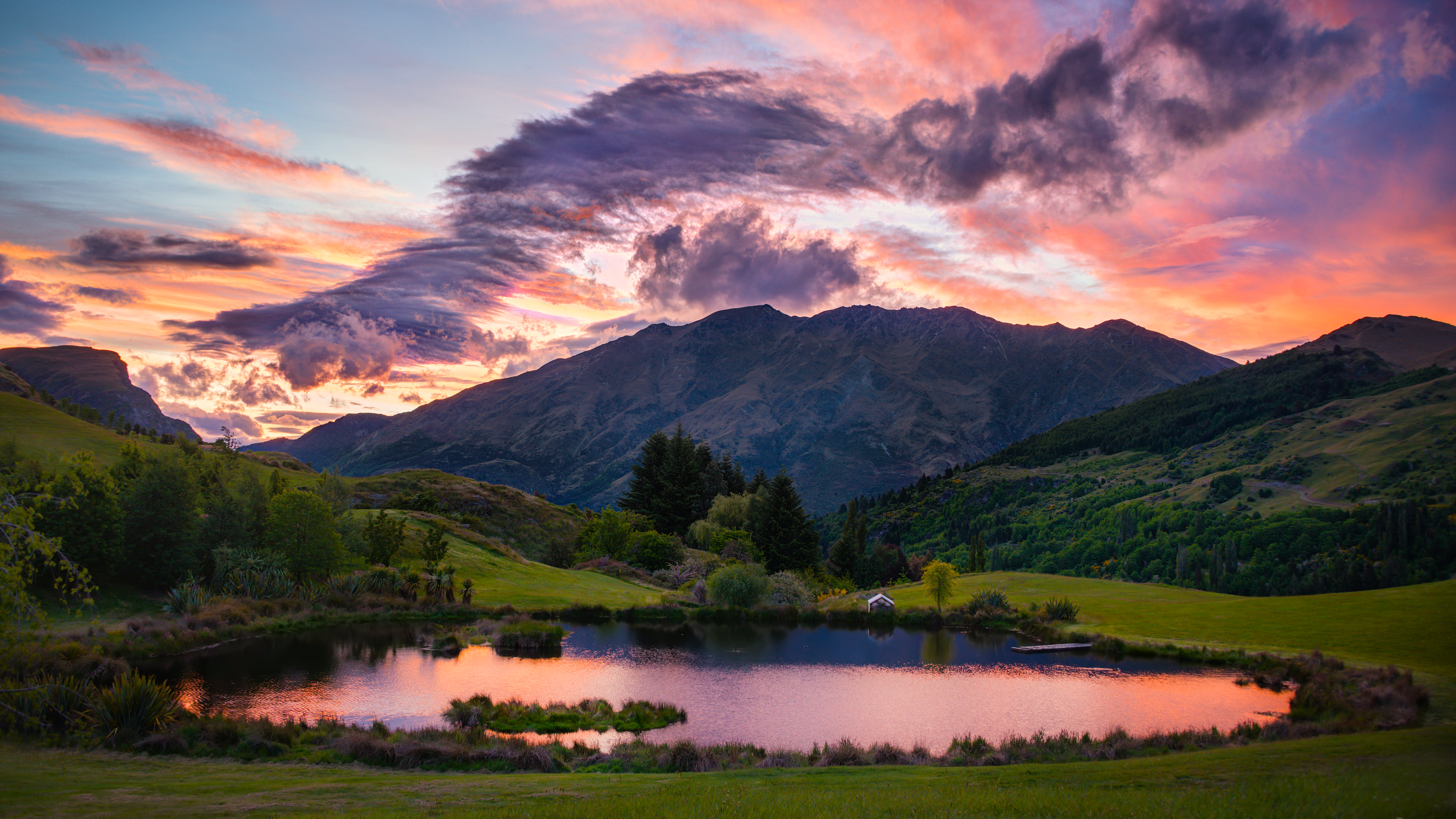 Mountain landscape with a lake at sunrise HD Wallpaper