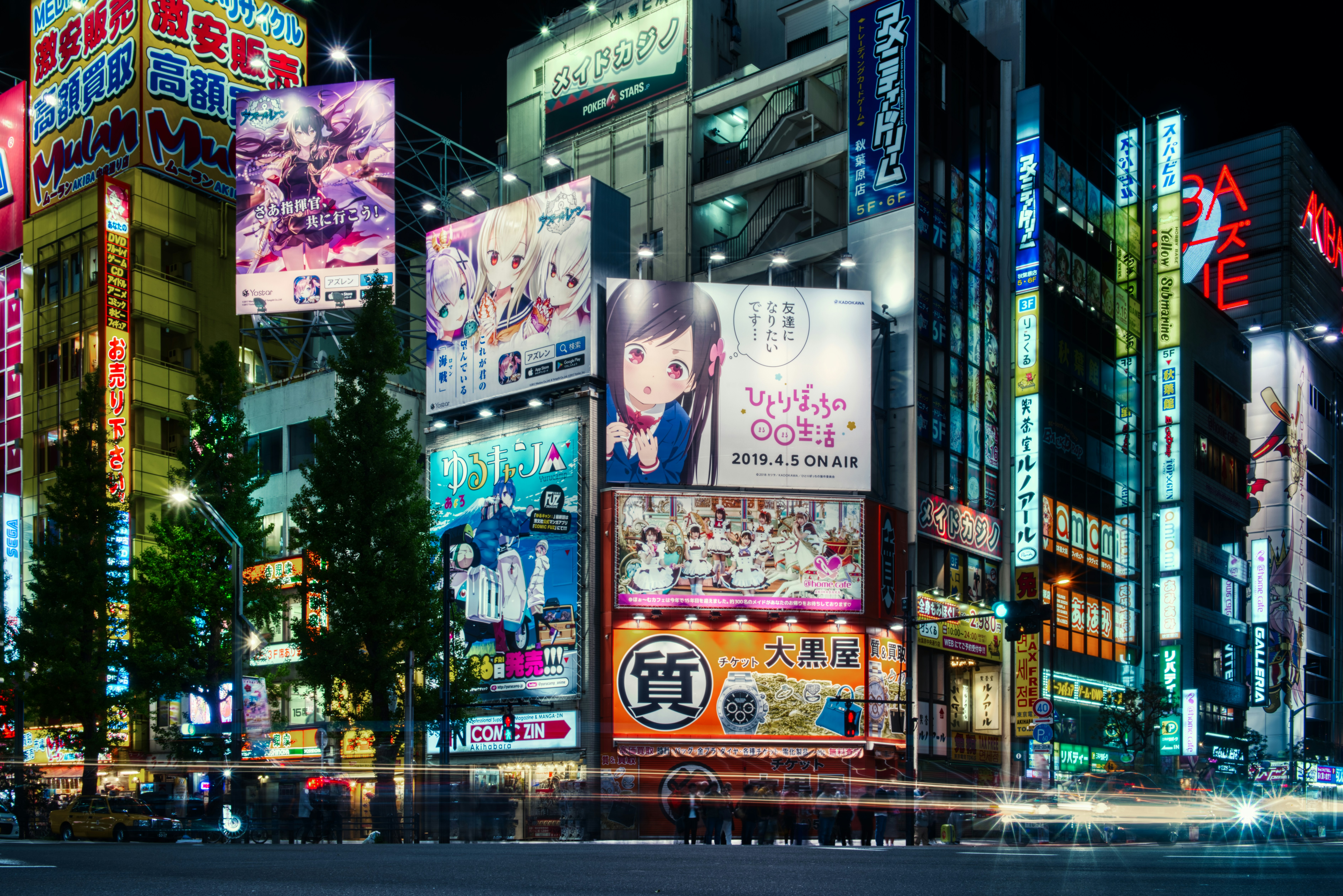 Anime girls on billboards in Akihabara at night HD Wallpaper