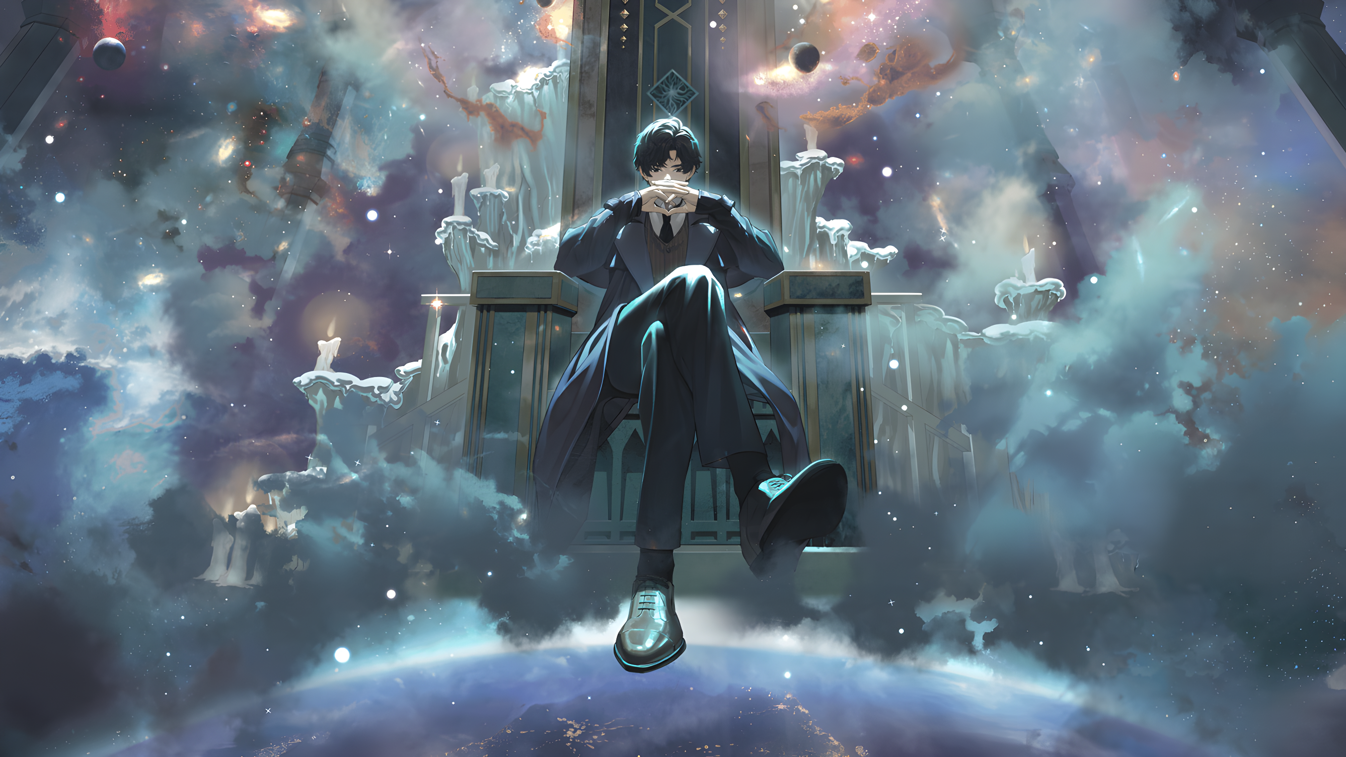 Klein Moretti sits on a throne in a cosmic landscape HD Wallpaper