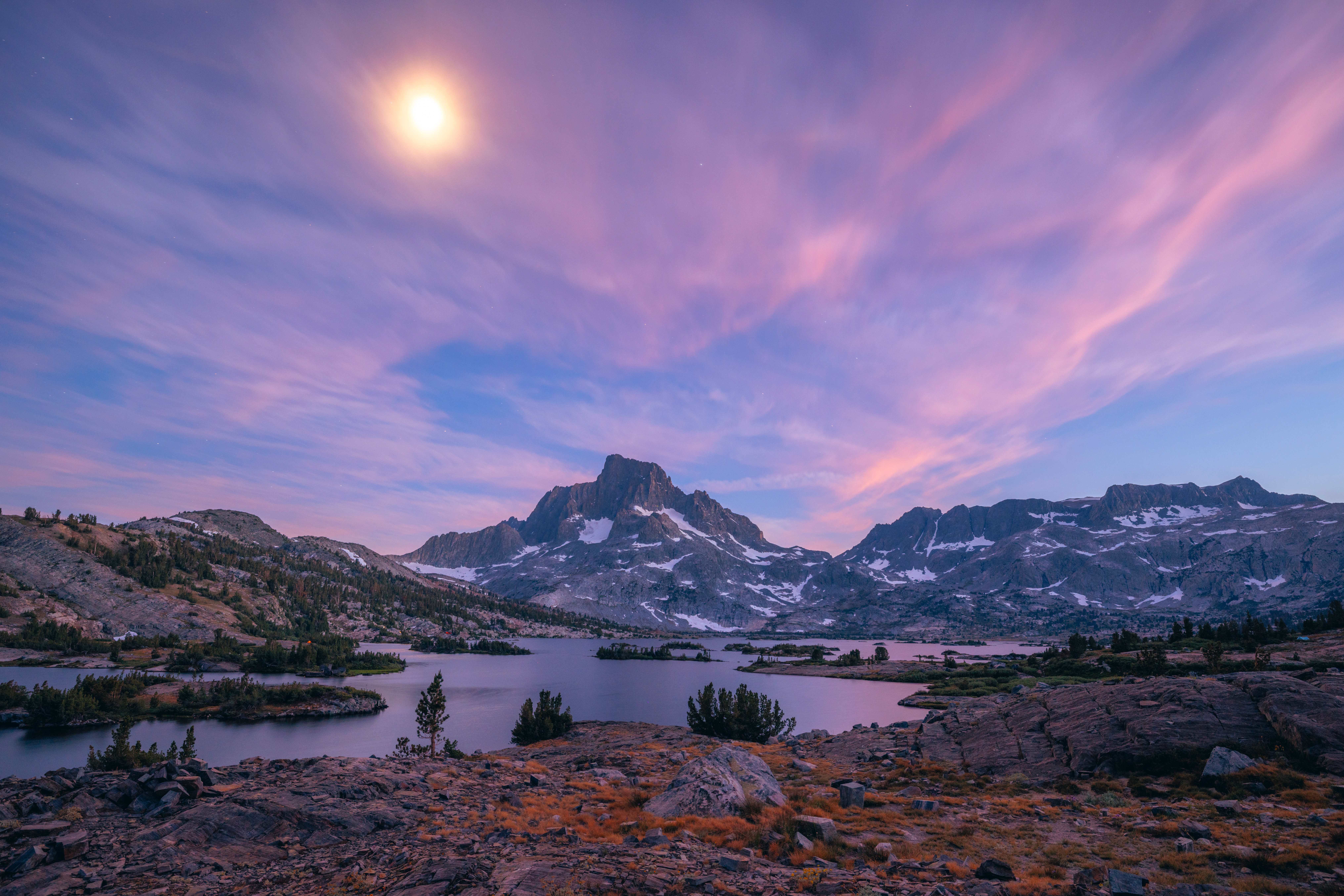 Moonlit Mountain Lake with Pink Clouds HD Wallpaper