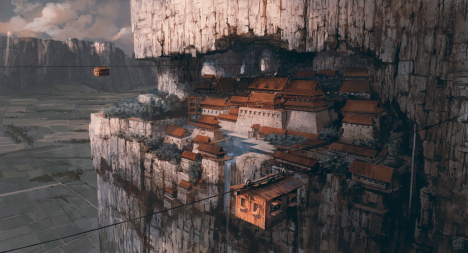 Cliffside village with cable cars and waterfalls HD Wallpaper