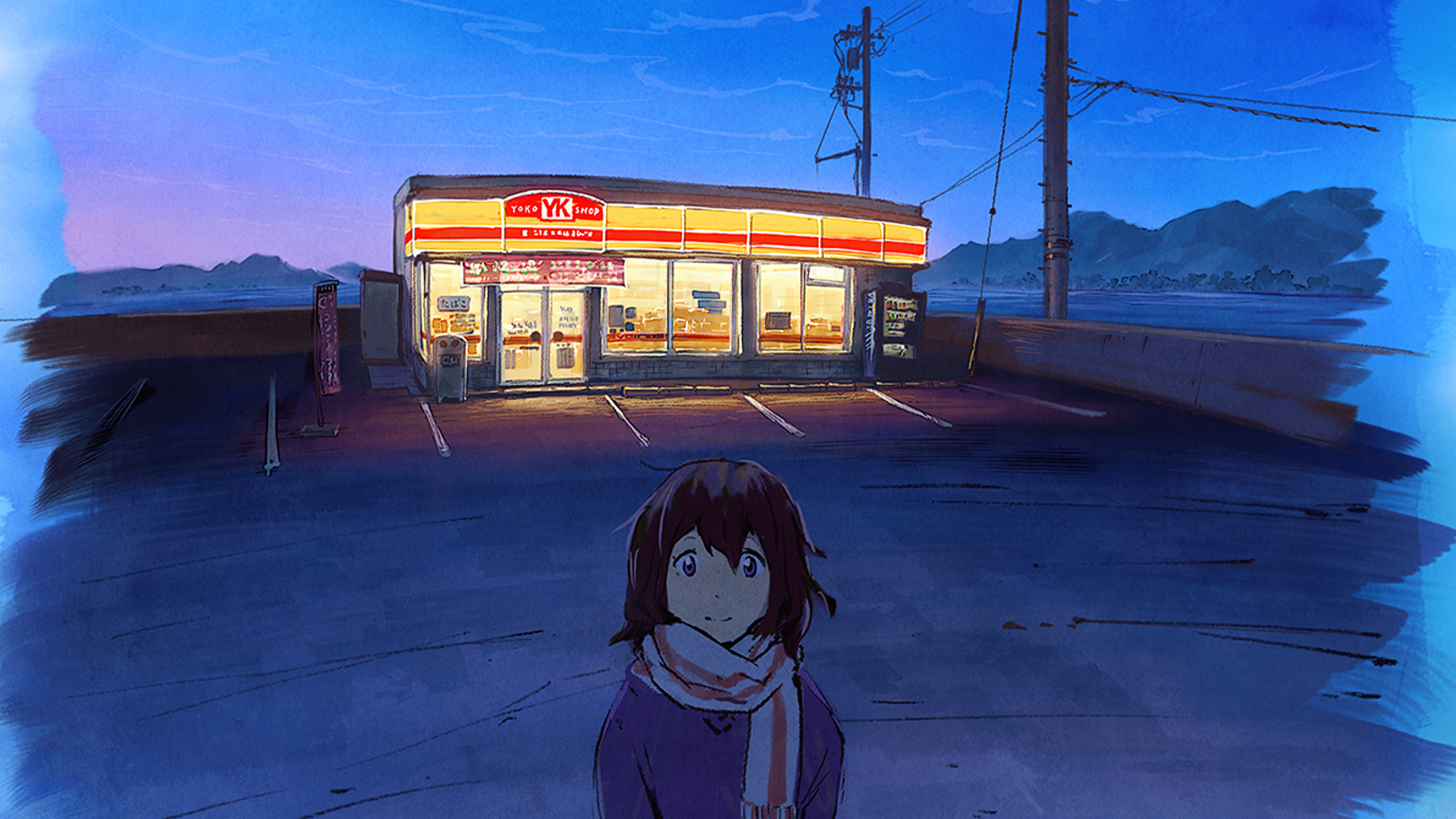 Anime girl in front of a convenience store at night HD Wallpaper