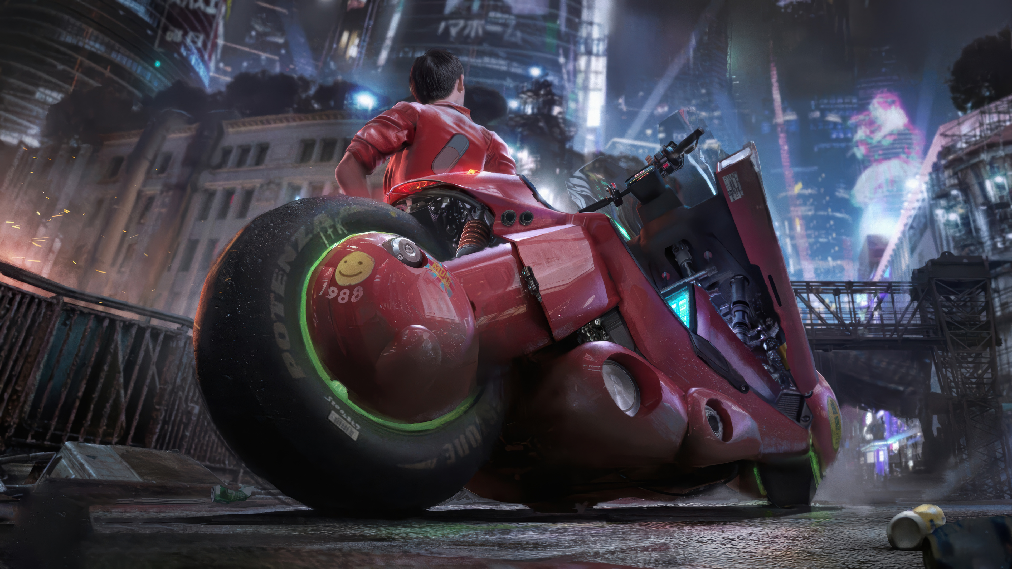 Akira on a red motorcycle in a futuristic city HD Wallpaper