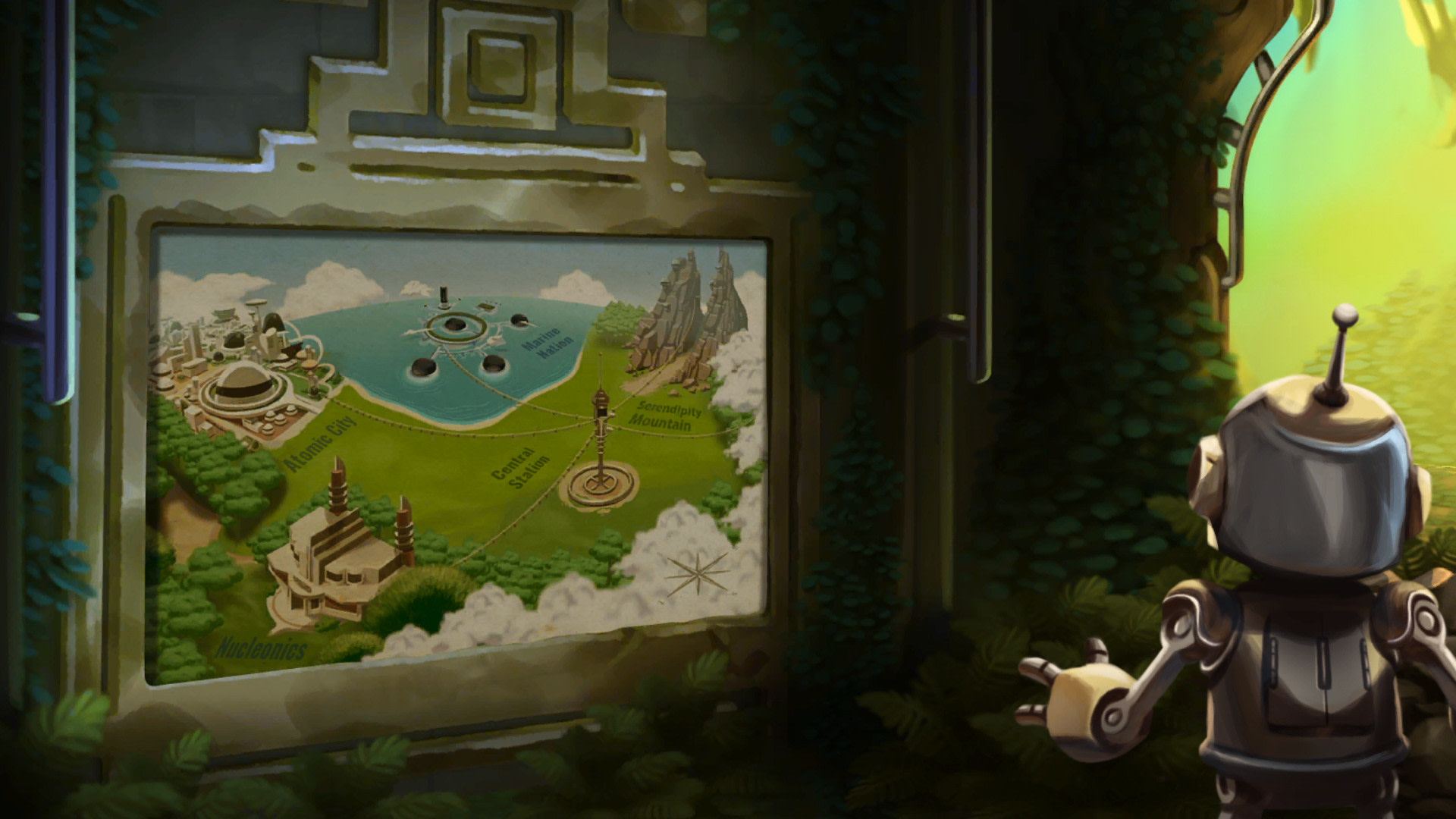 Robot looking at a map of Alaman City HD Wallpaper