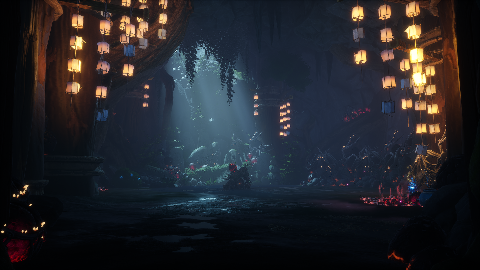 Kena: Bridge of Spirits cave with lanterns and flowers HD Wallpaper