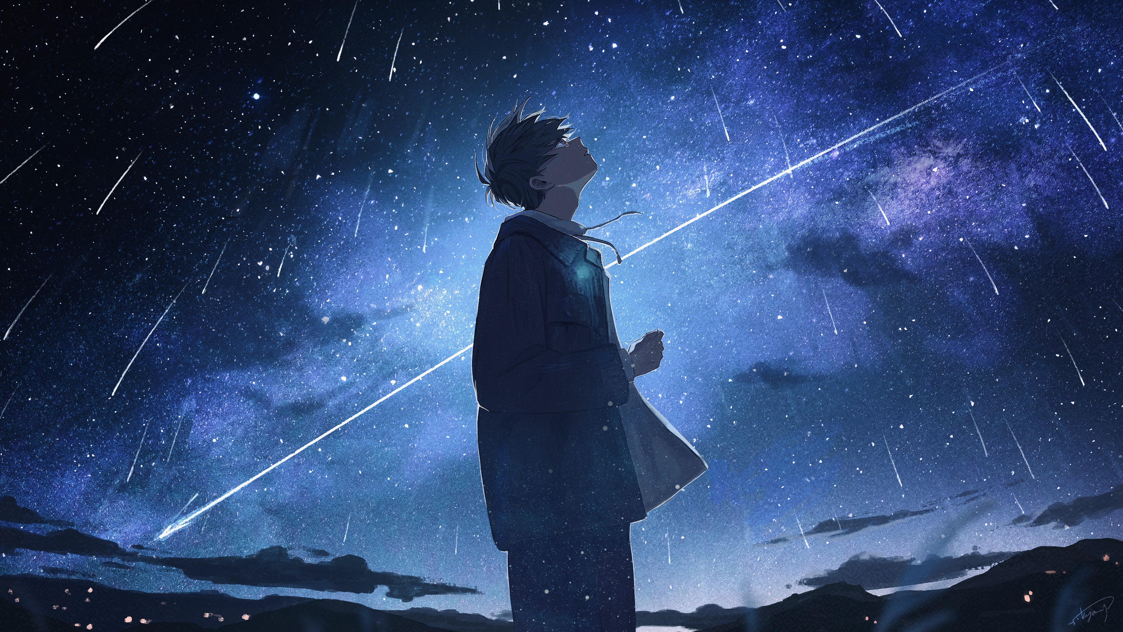 Anime boy looking at shooting stars in the night sky HD Wallpaper