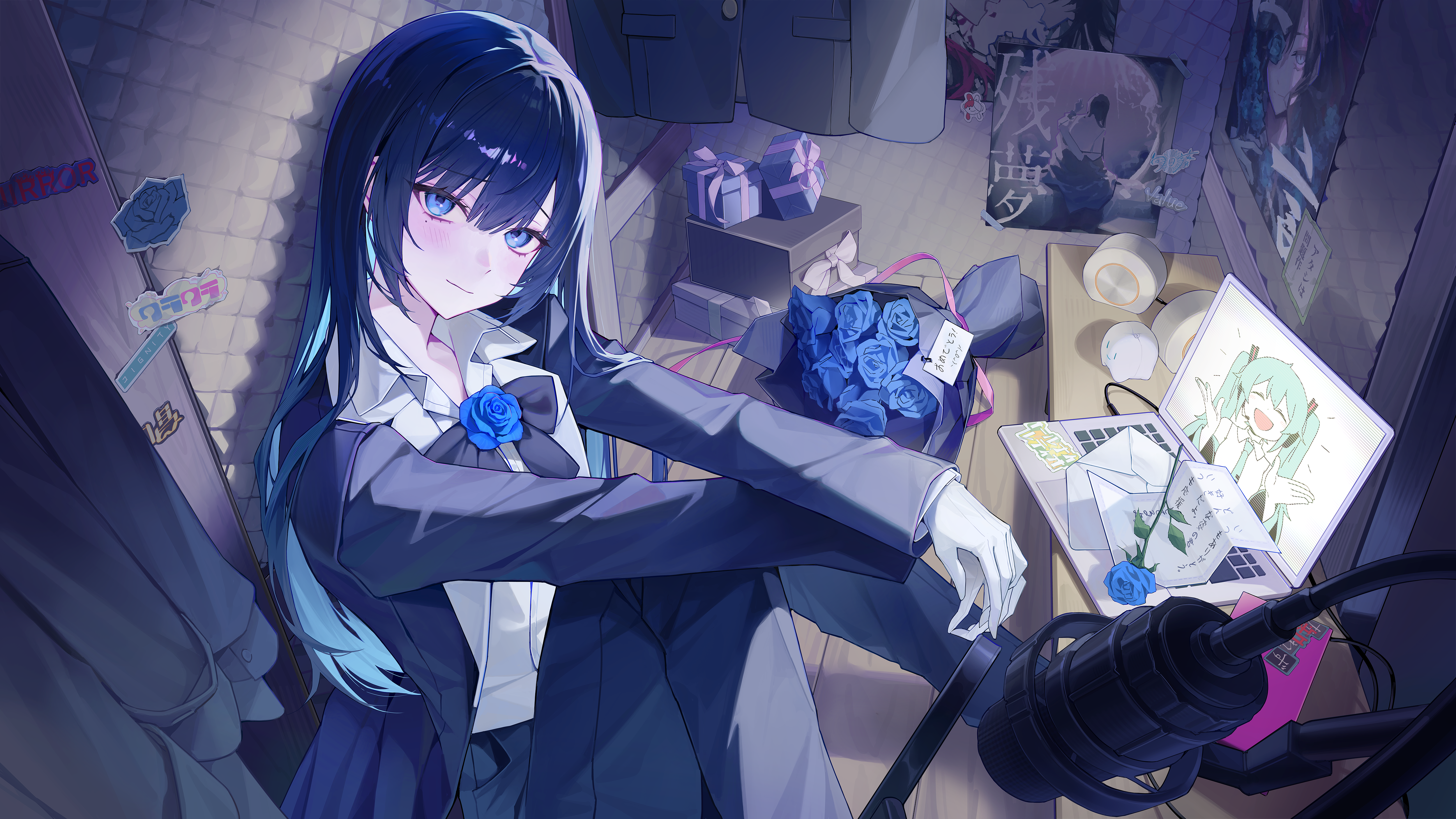 Hatsune Miku in a suit with a rose bouquet HD Wallpaper