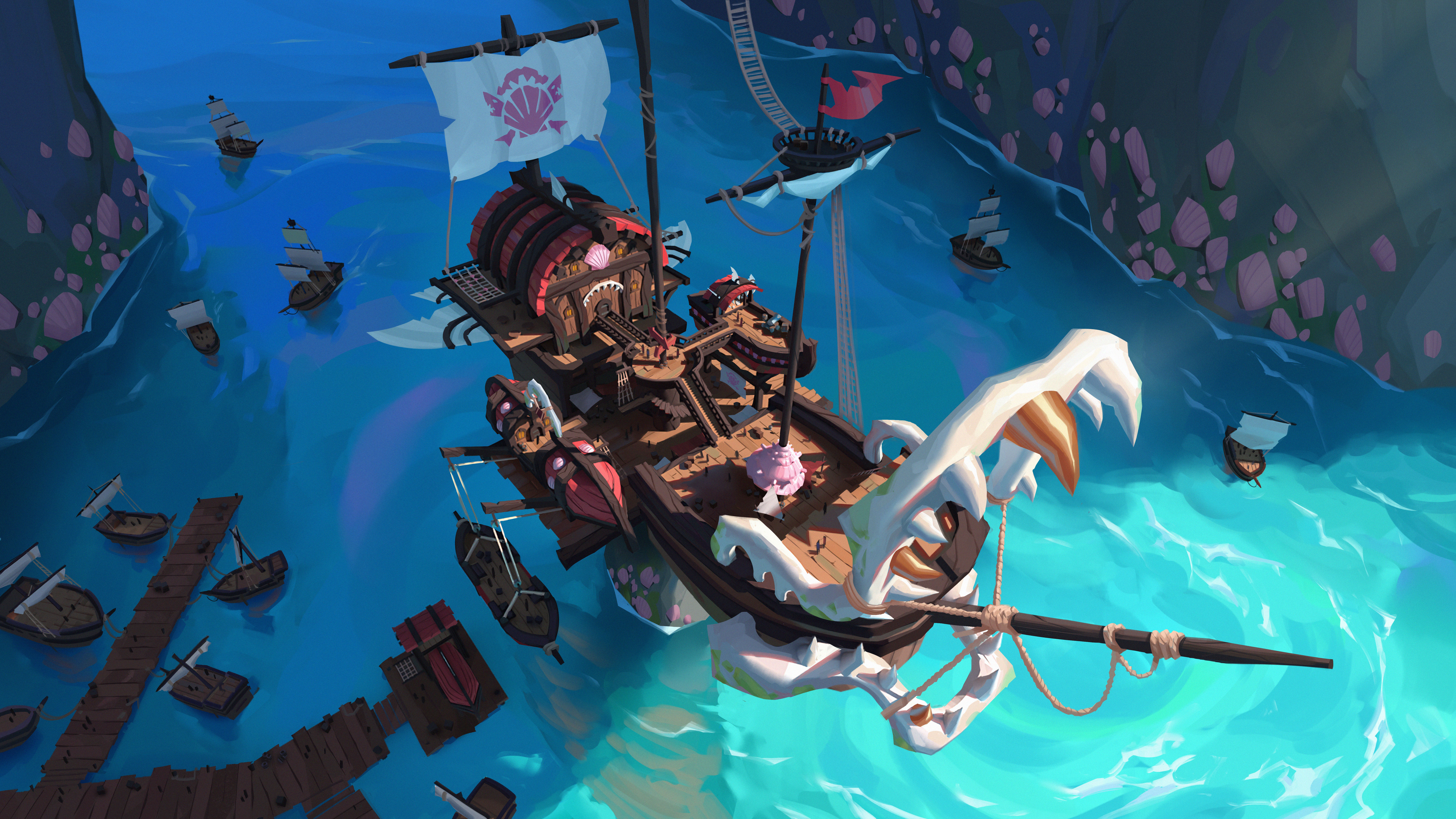 Pirate ship with dragon head prow sailing on blue water HD Wallpaper