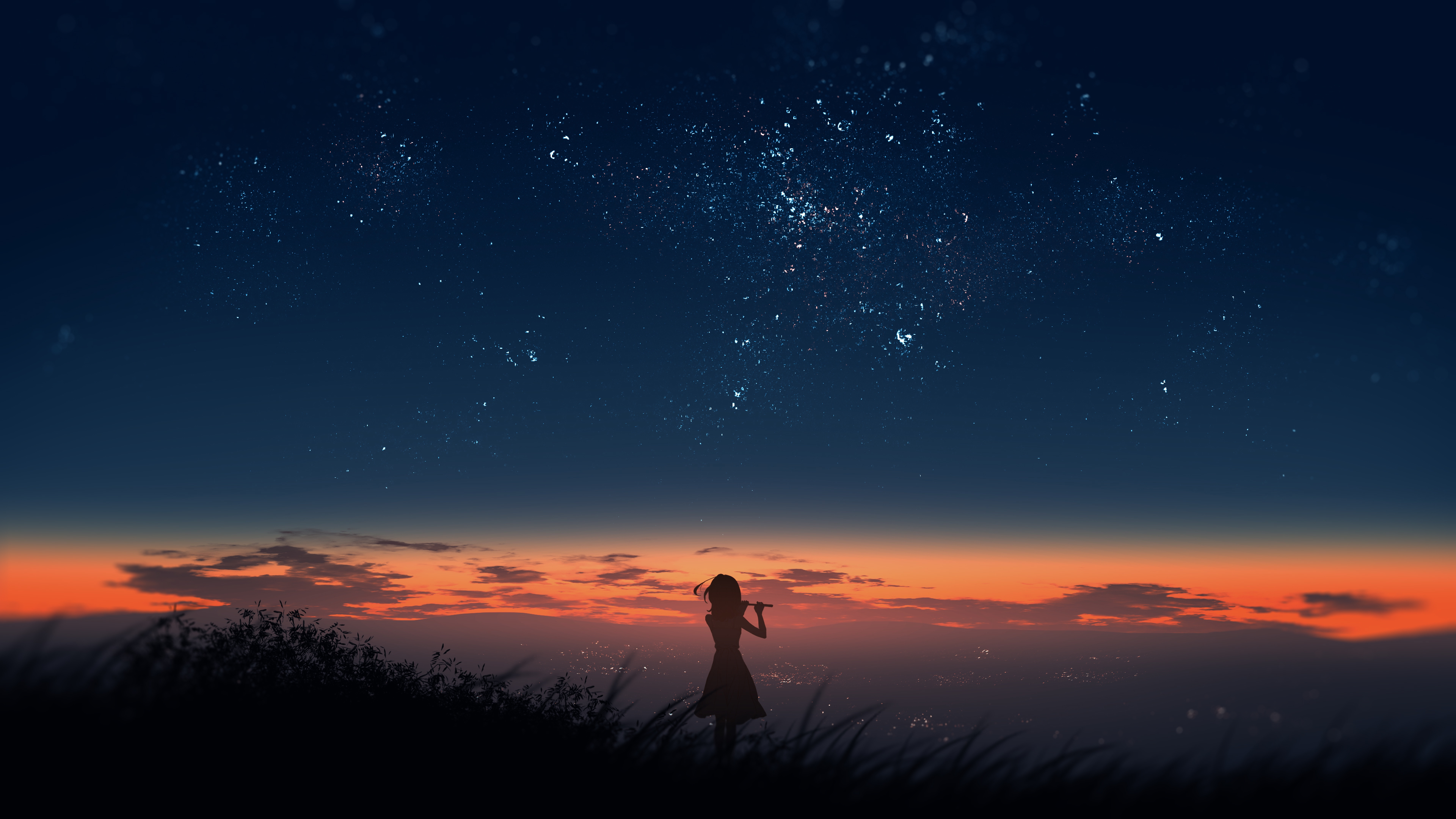Scenery with a girl playing a flute under a starry sky HD Wallpaper