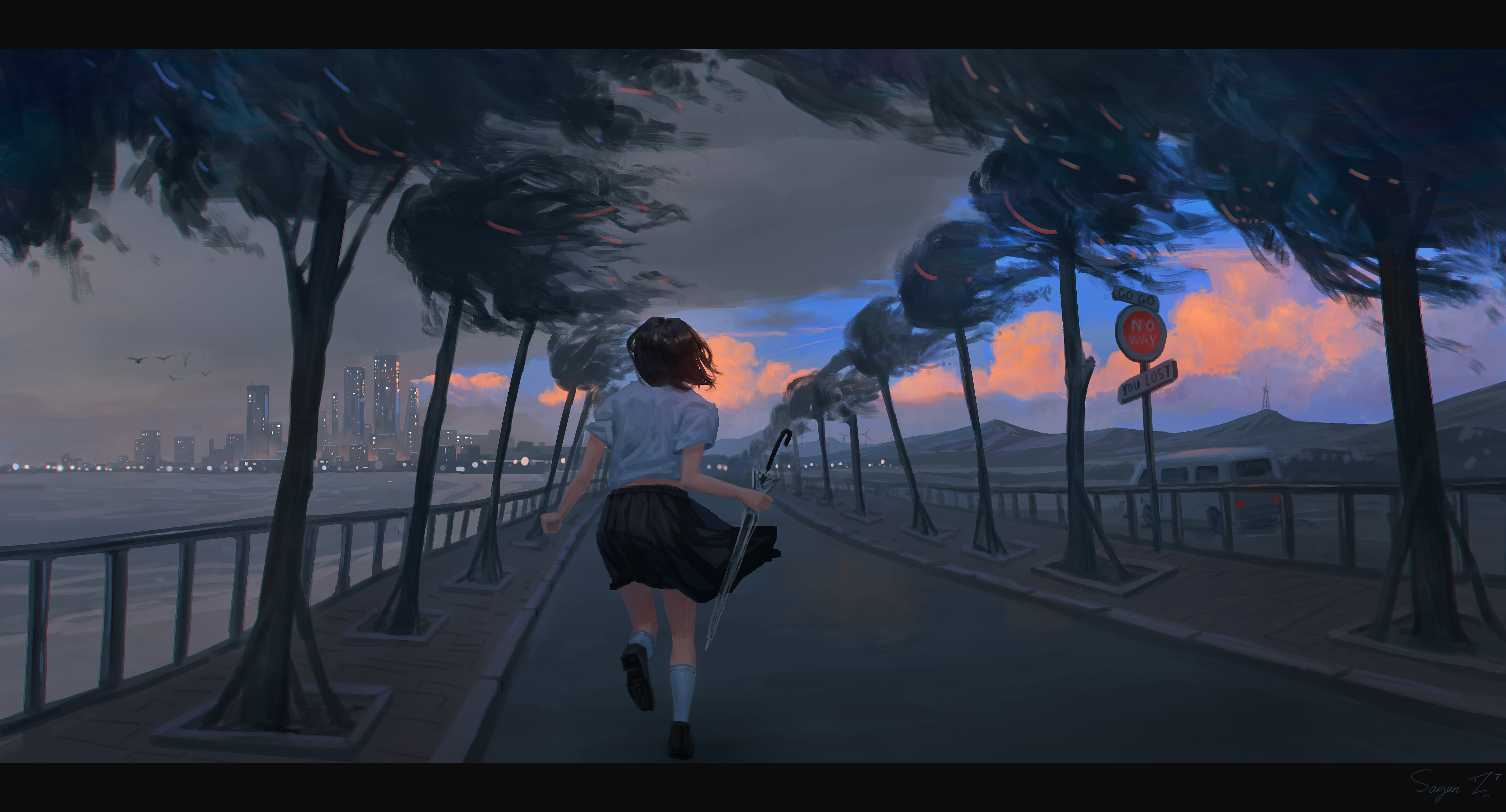 Girl running on a windy road with trees and city HD Wallpaper
