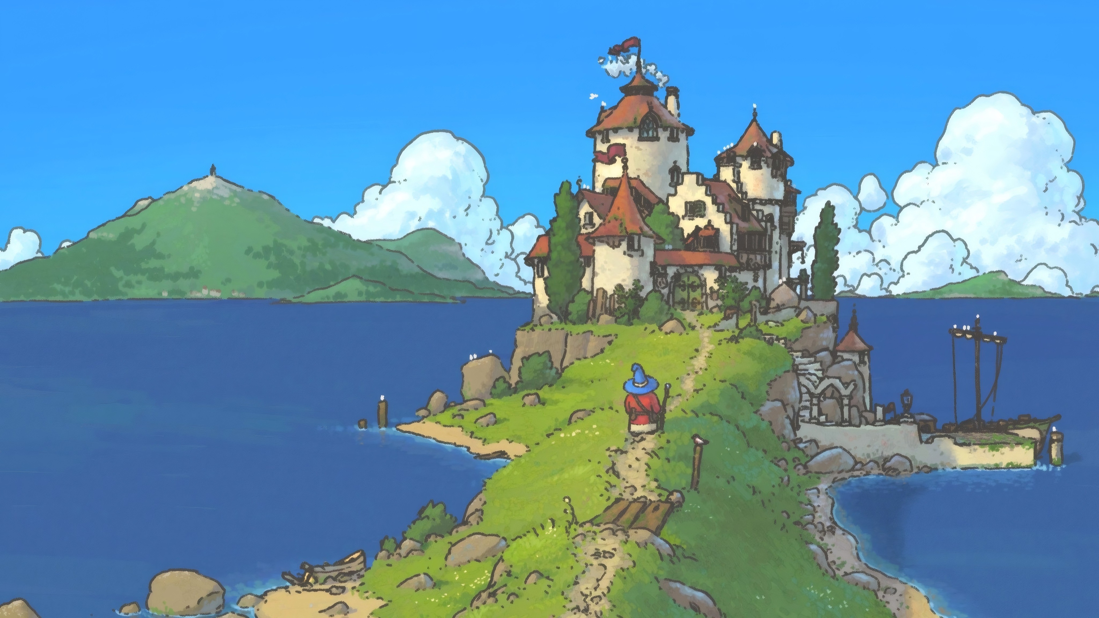 Wizard walks on a path towards a castle on an island HD Wallpaper