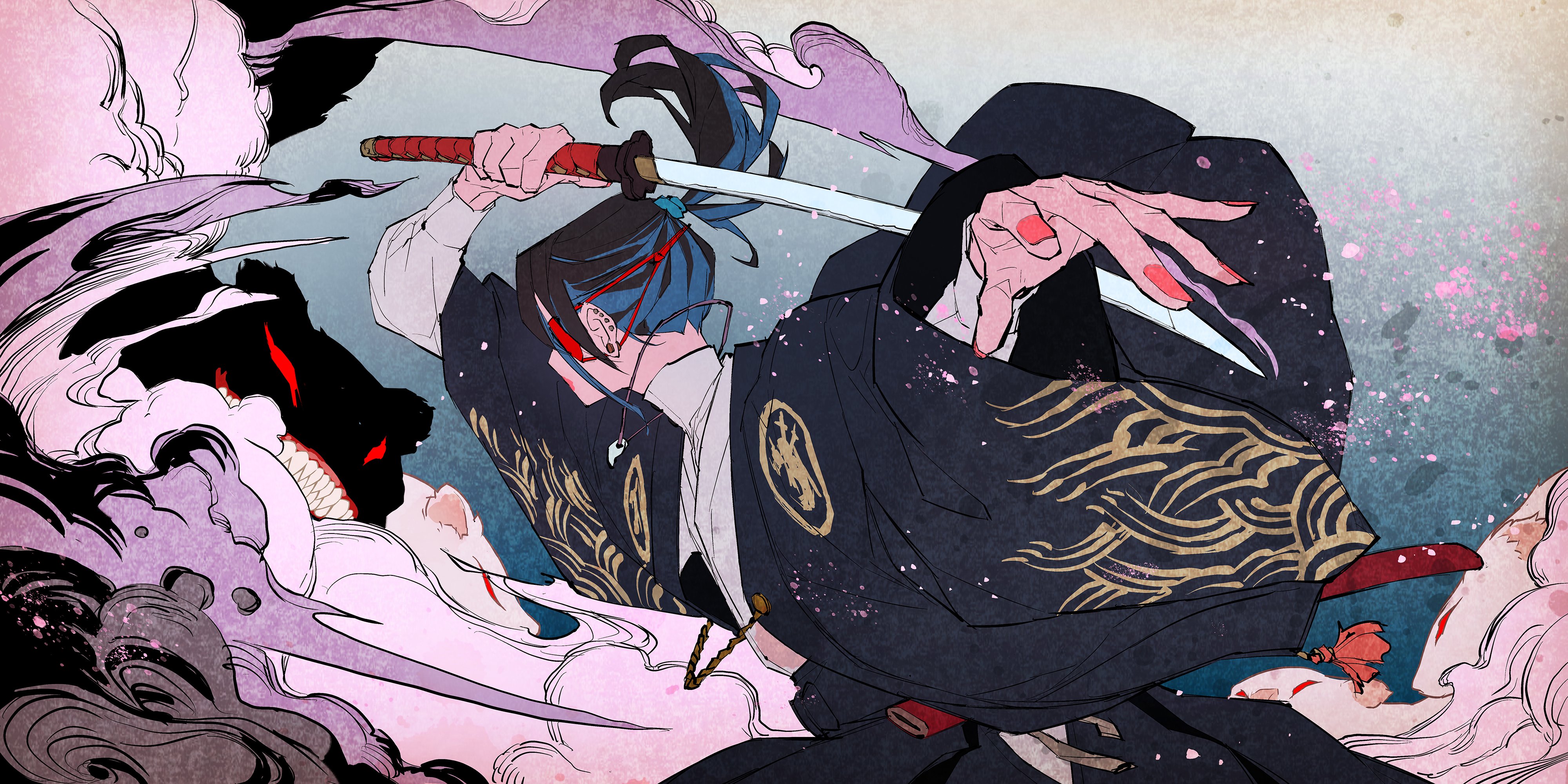 Creature fighting a woman with a sword HD Wallpaper