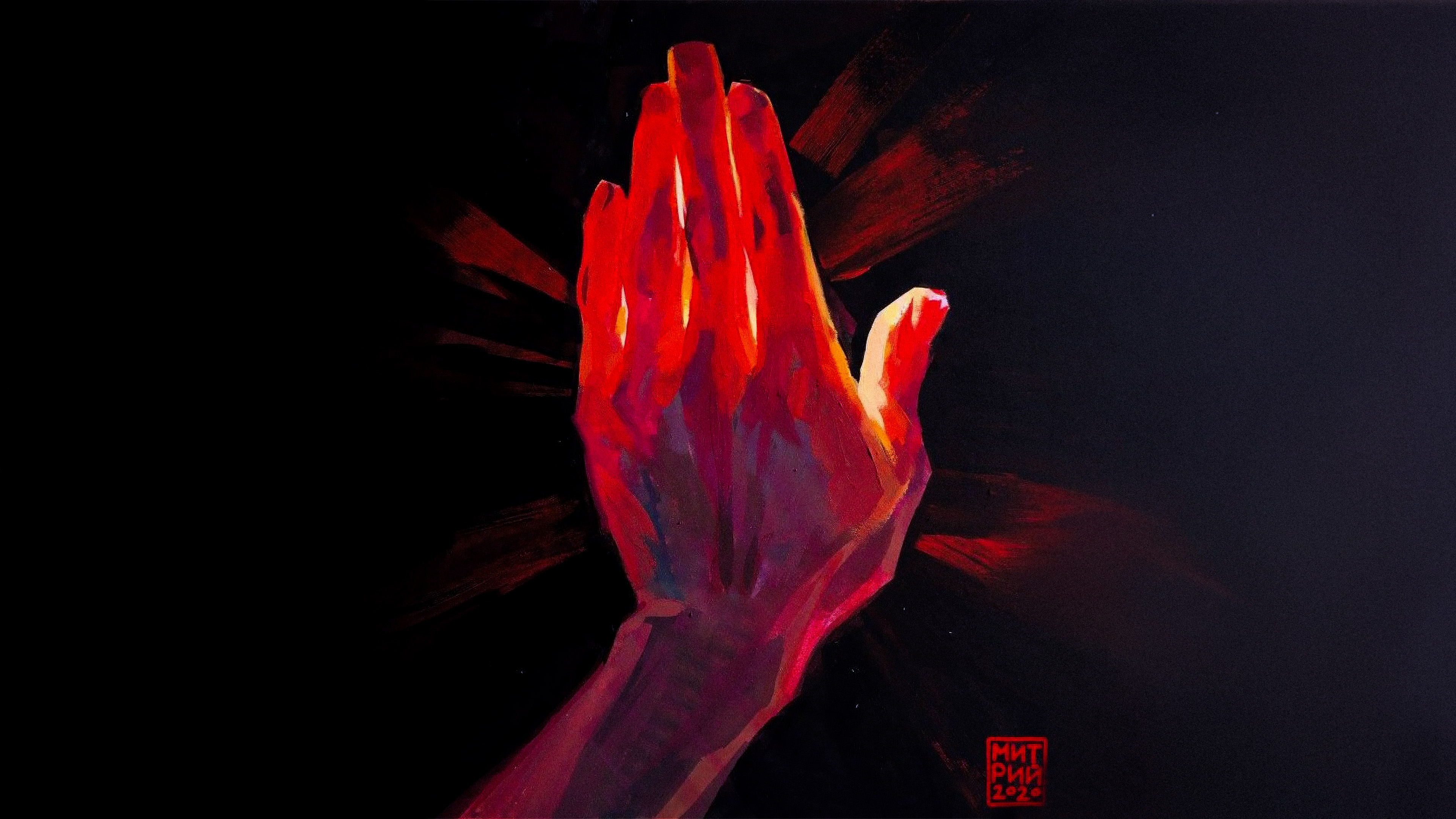 Hand illuminated by red light against black background HD Wallpaper