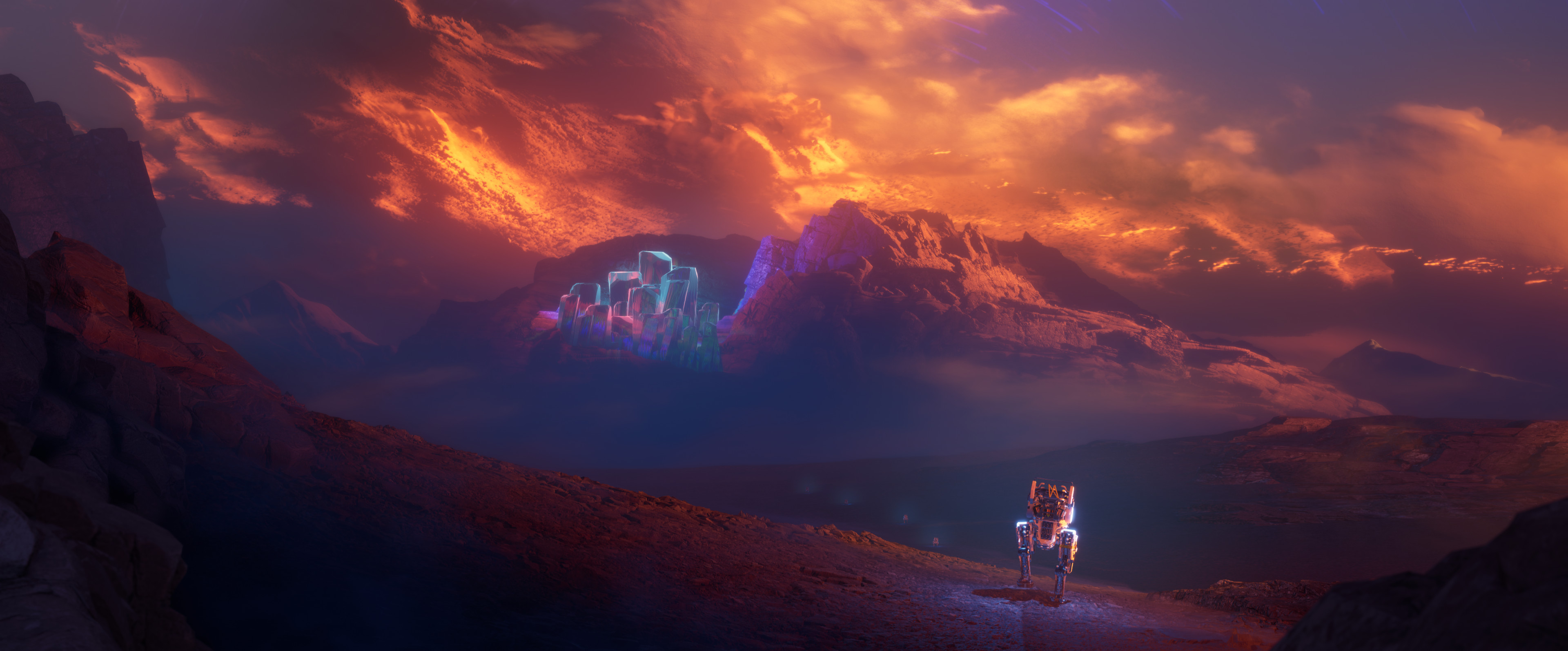 Astronaut walks towards glowing city in alien mountains HD Wallpaper