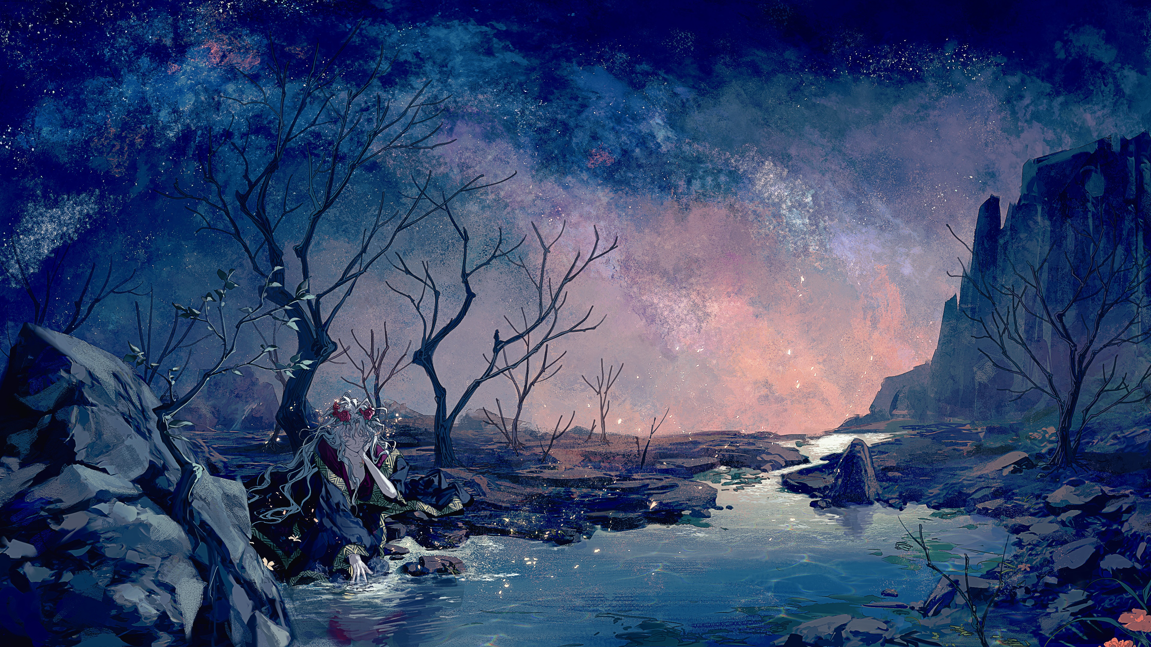Anime boys in a starry night landscape HD Wallpaper