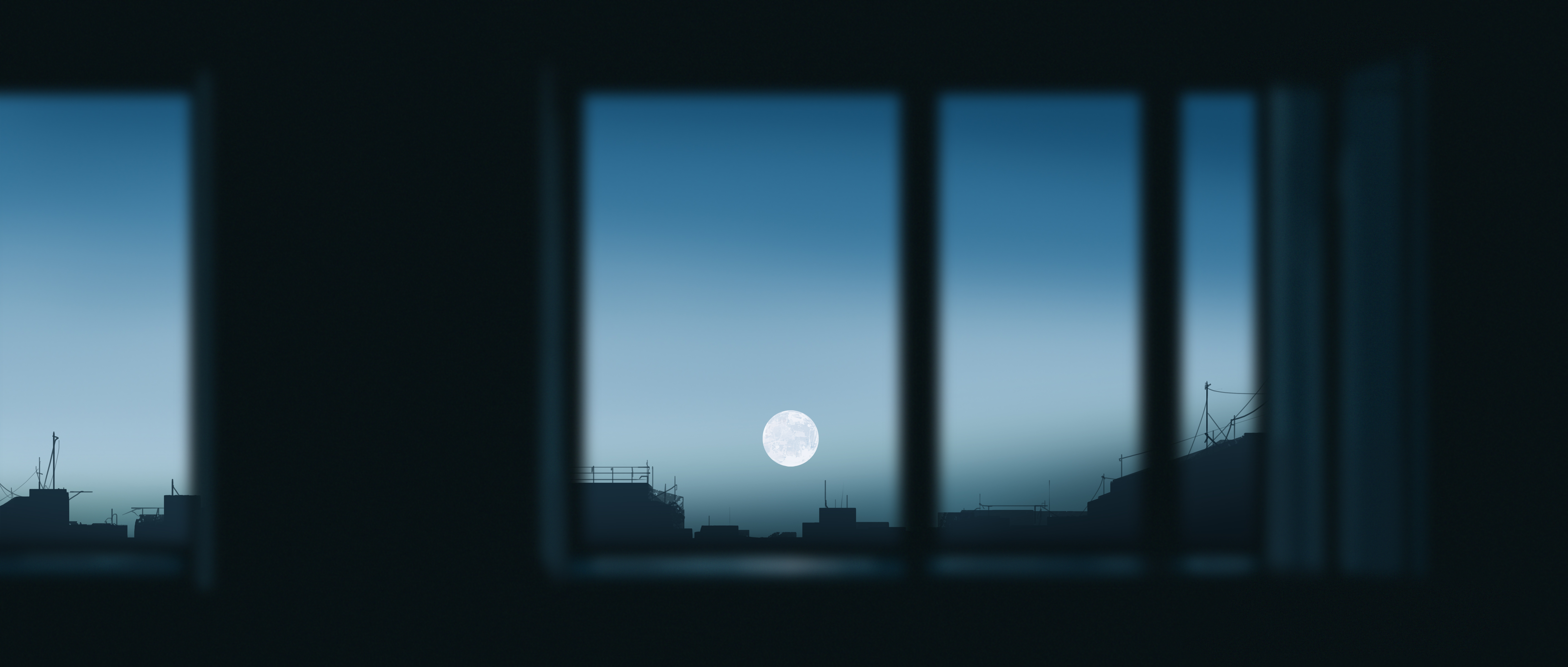 Full moon visible through a window overlooking a city HD Wallpaper