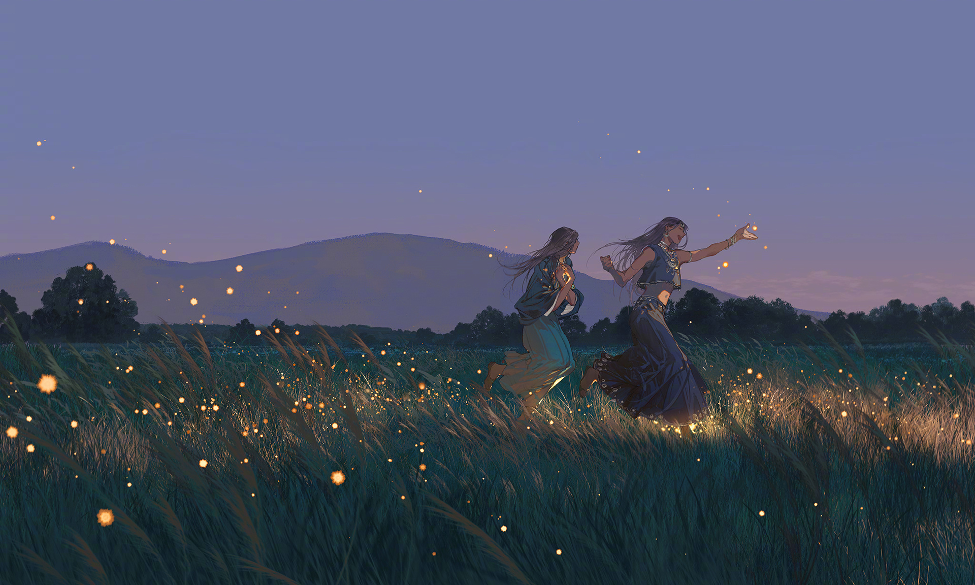 Two women running through a field of fireflies at dusk HD Wallpaper