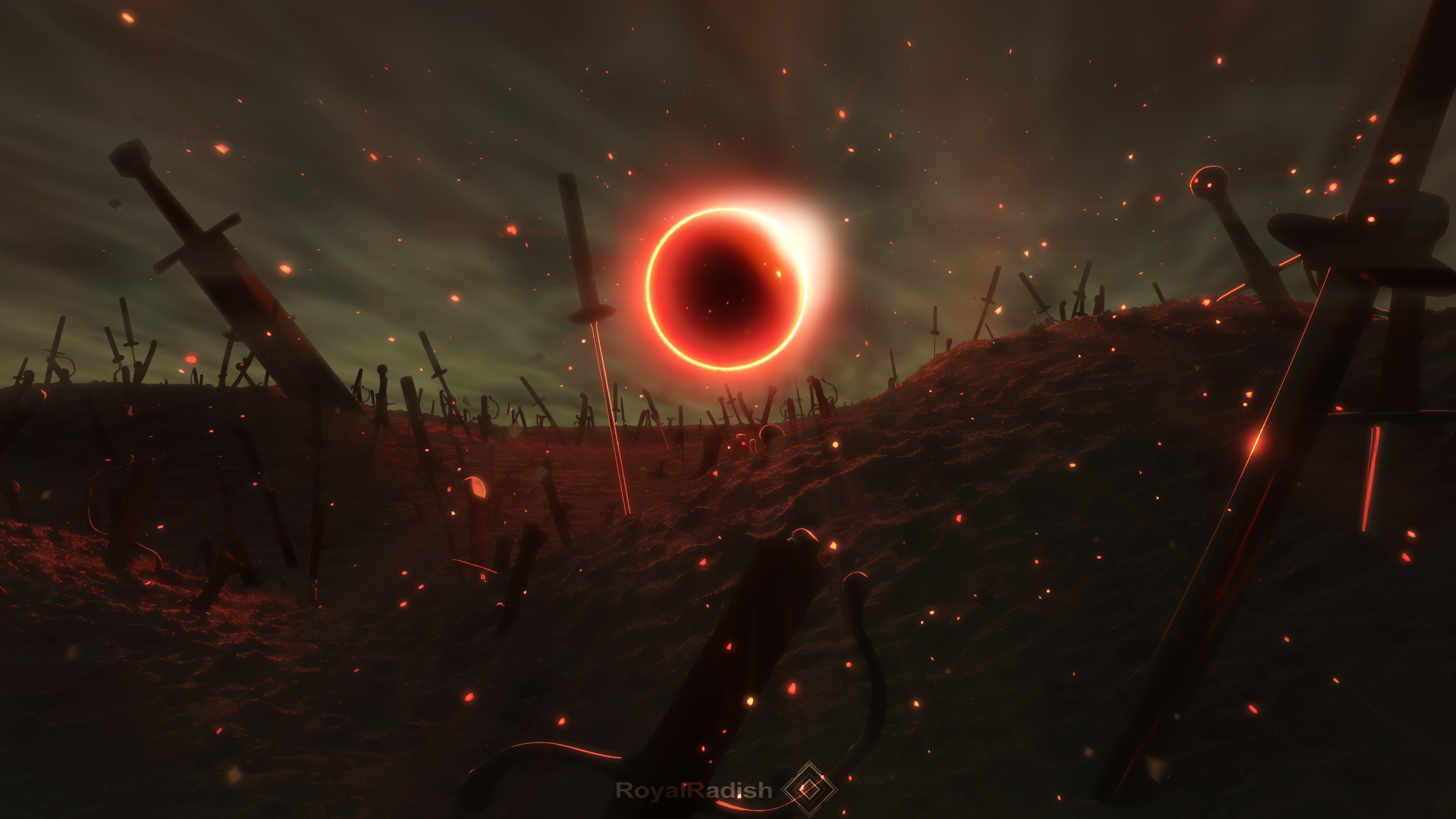Eclipse over a field of swords with embers HD Wallpaper