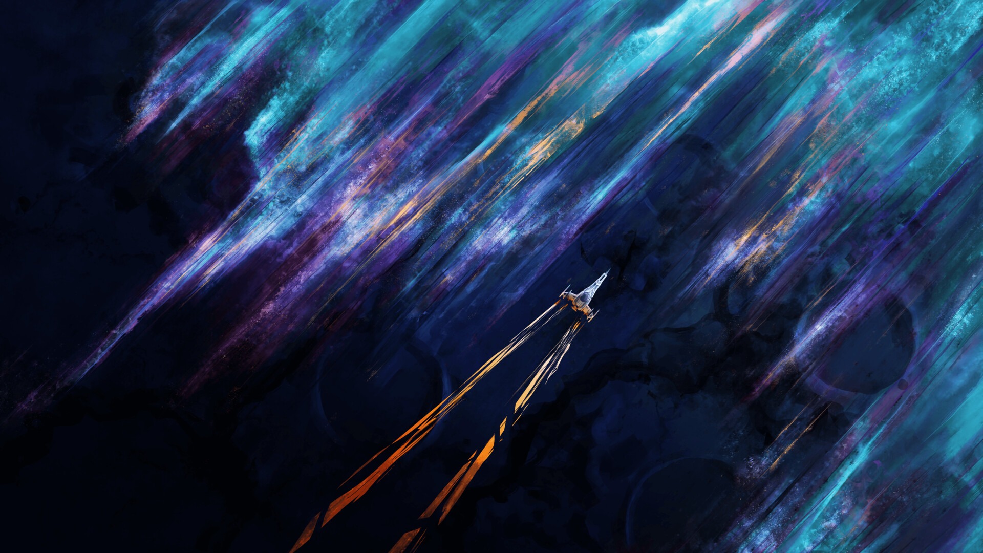 Aircraft flying through colorful cosmic clouds HD Wallpaper