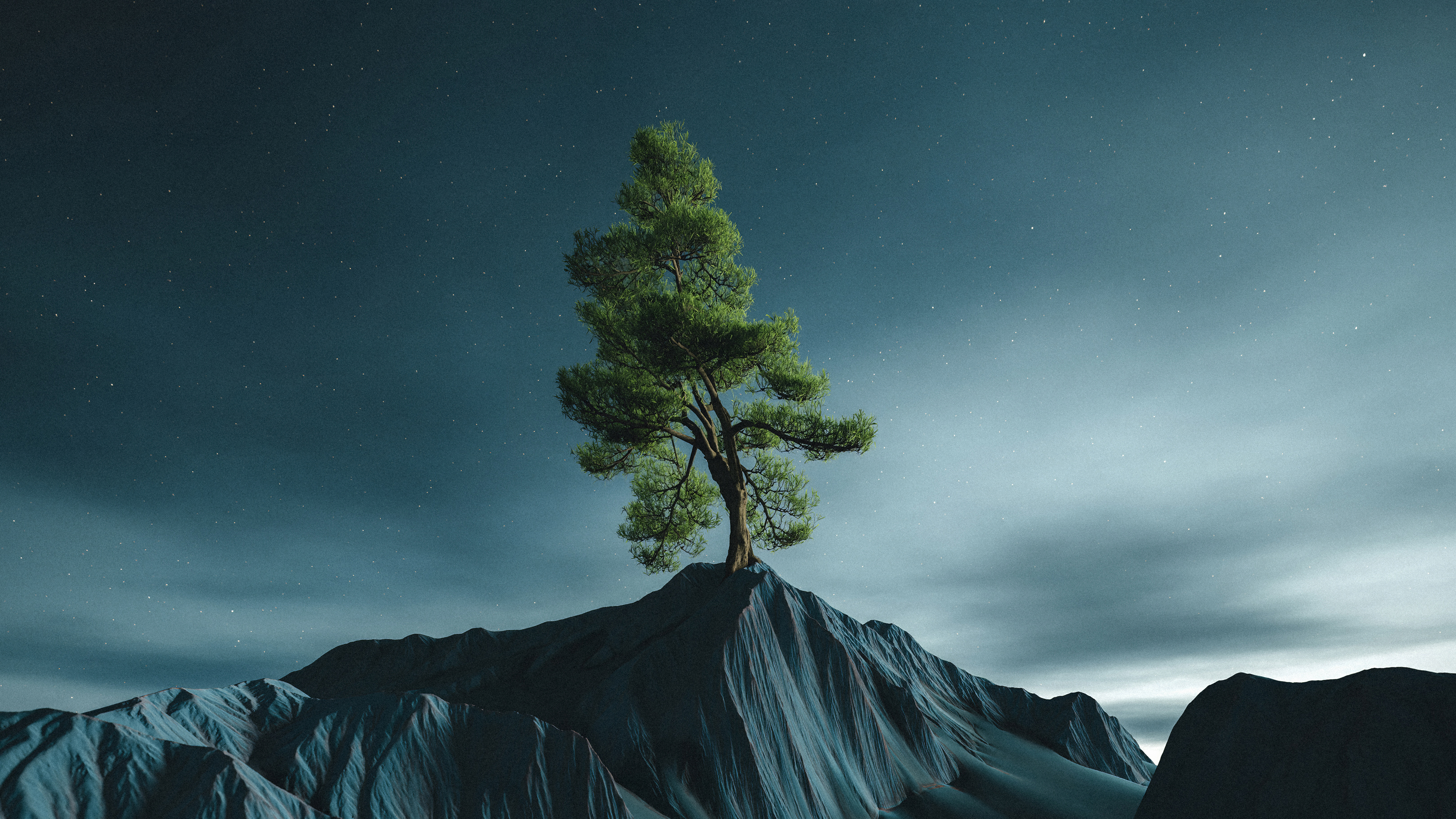 Lone tree on a rocky peak under a starry sky HD Wallpaper