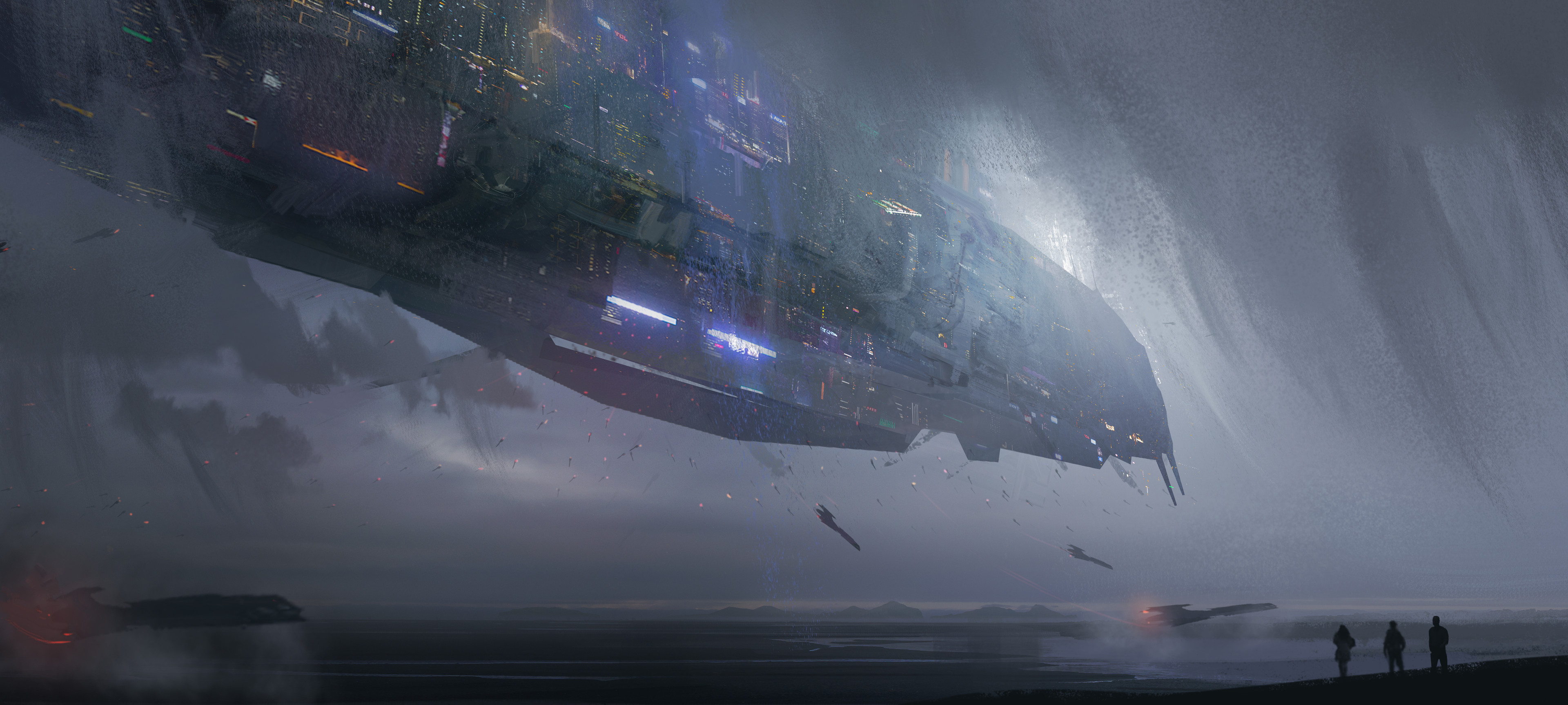 Massive futuristic spaceship hovering over a misty landscape HD Wallpaper