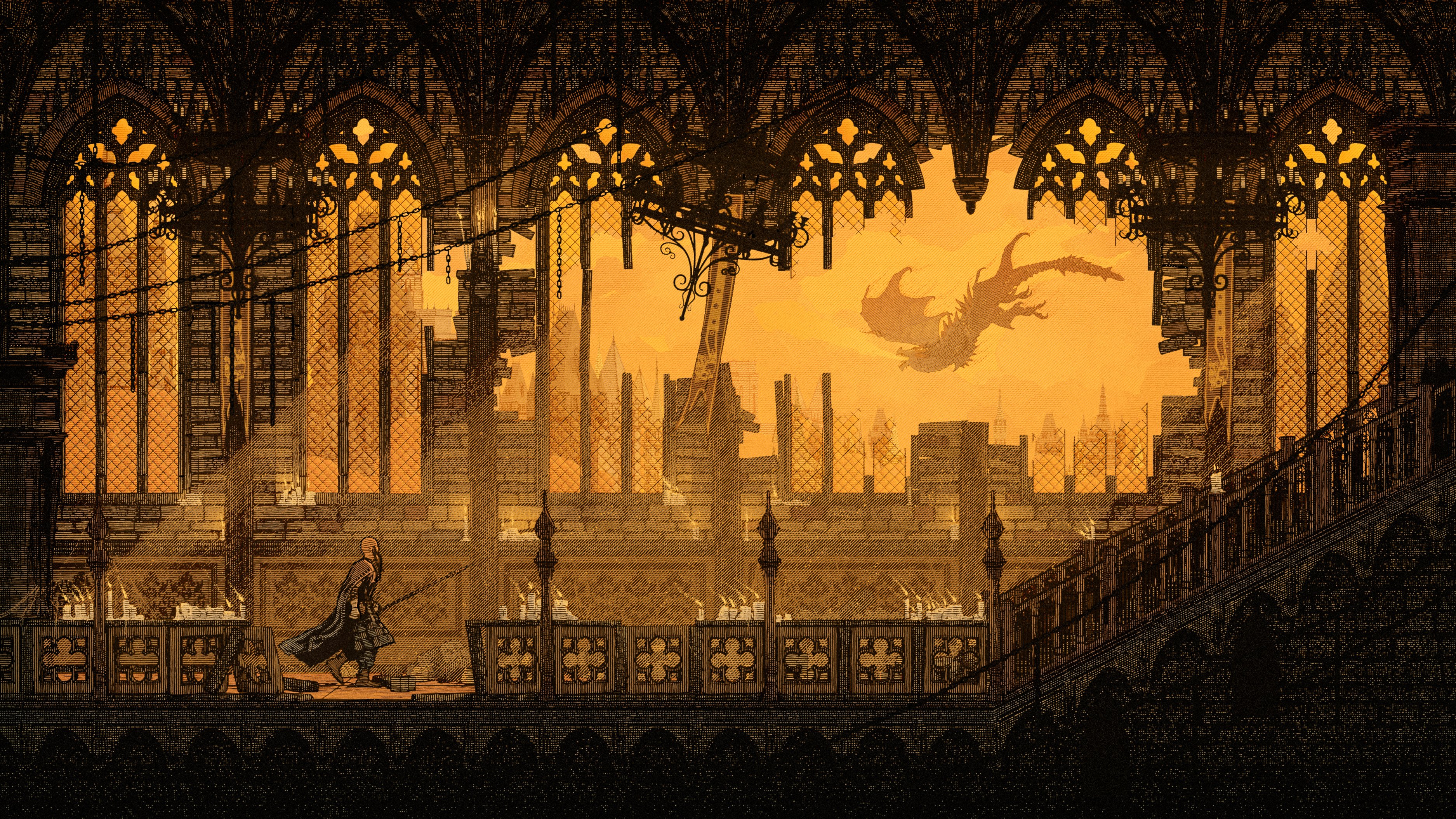 Citadel with a flying dragon and a lone figure HD Wallpaper