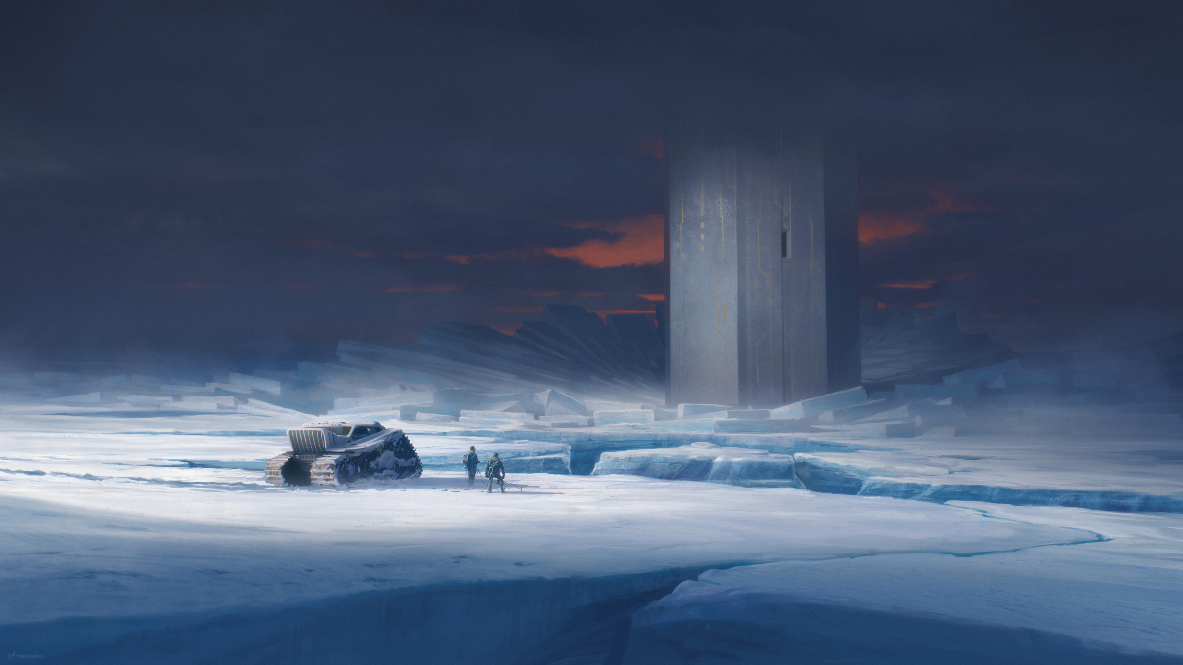 People and vehicle near ice structure in 4K HD Wallpaper
