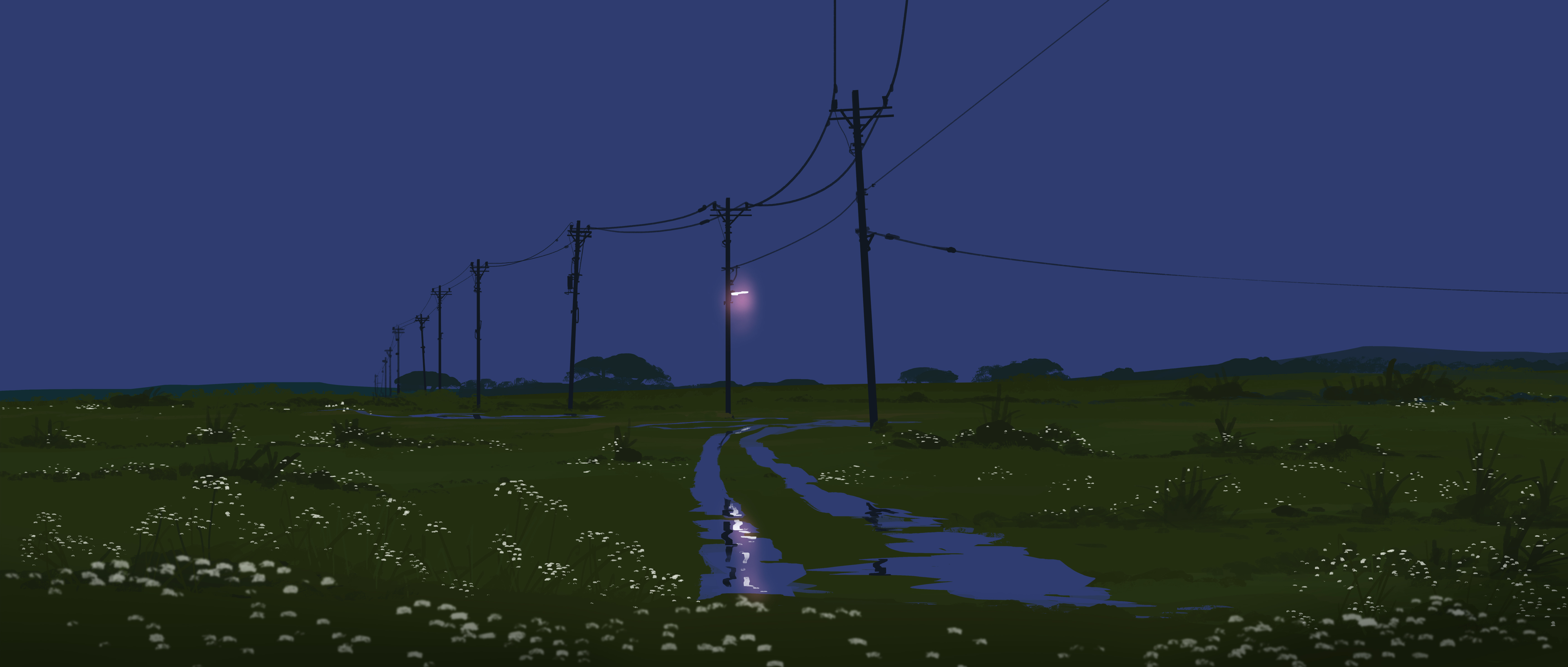 Night landscape with utility poles and puddles HD Wallpaper