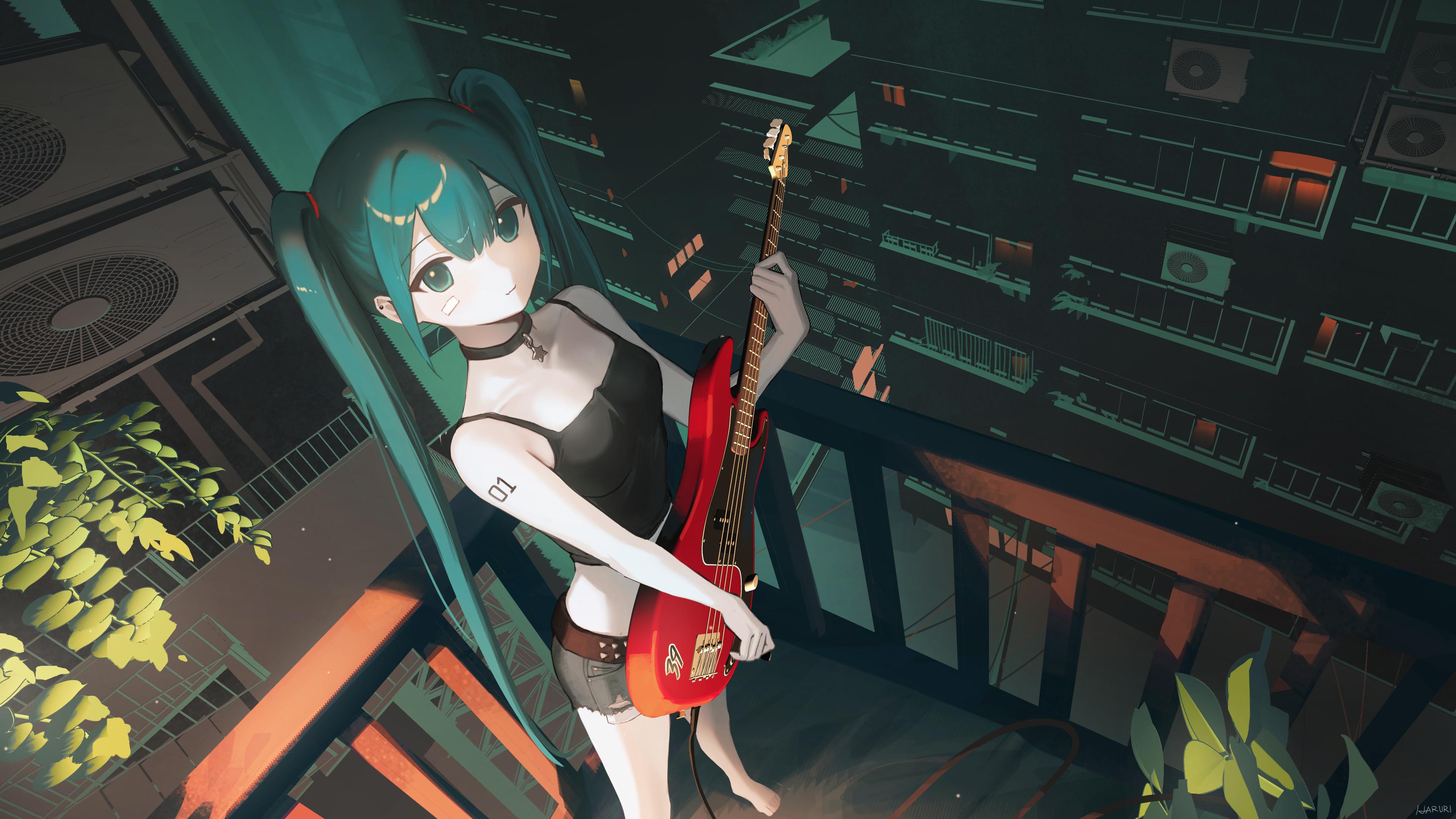 Hatsune Miku with a red electric guitar on a balcony HD Wallpaper