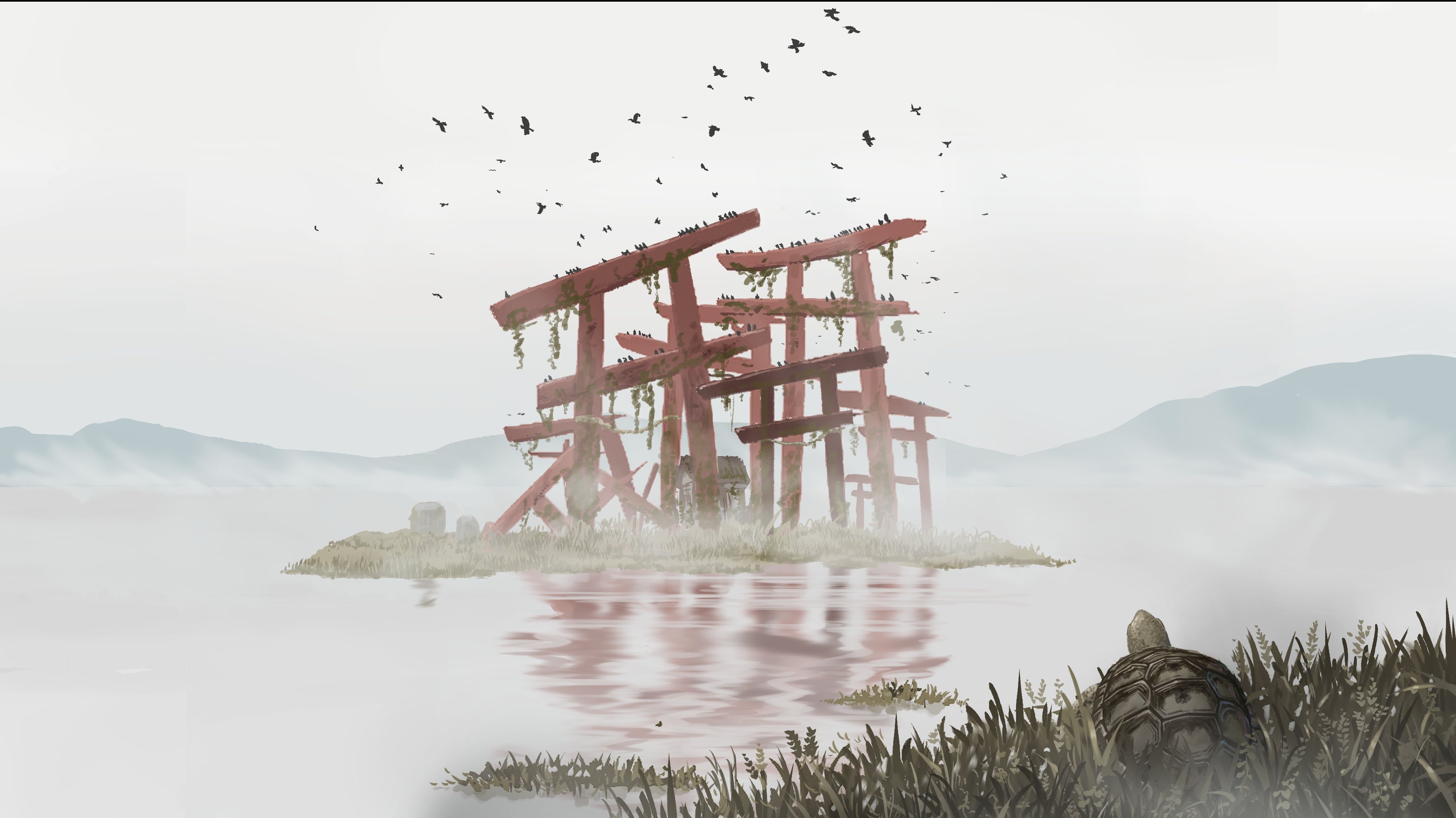 Scenery of dilapidated torii gates on a small island HD Wallpaper