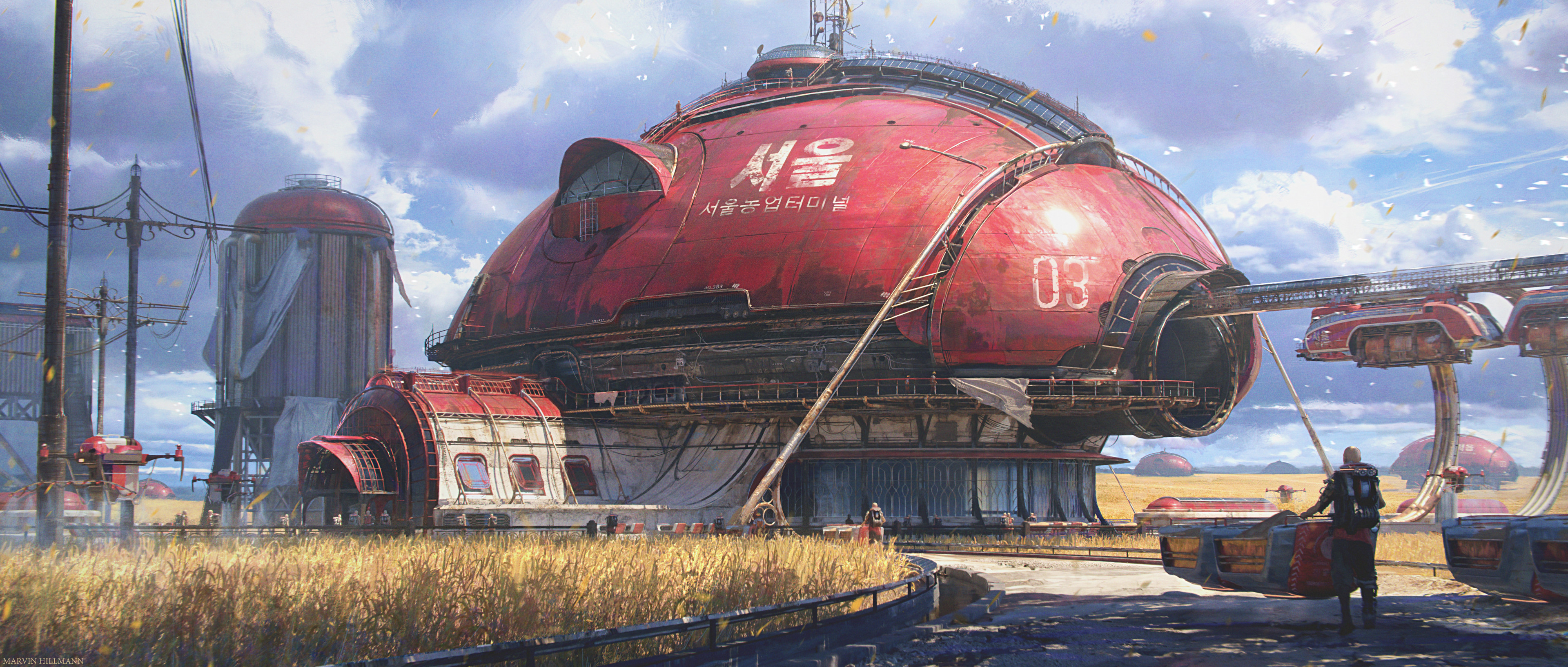 Red futuristic building with Korean text and number 03 HD Wallpaper