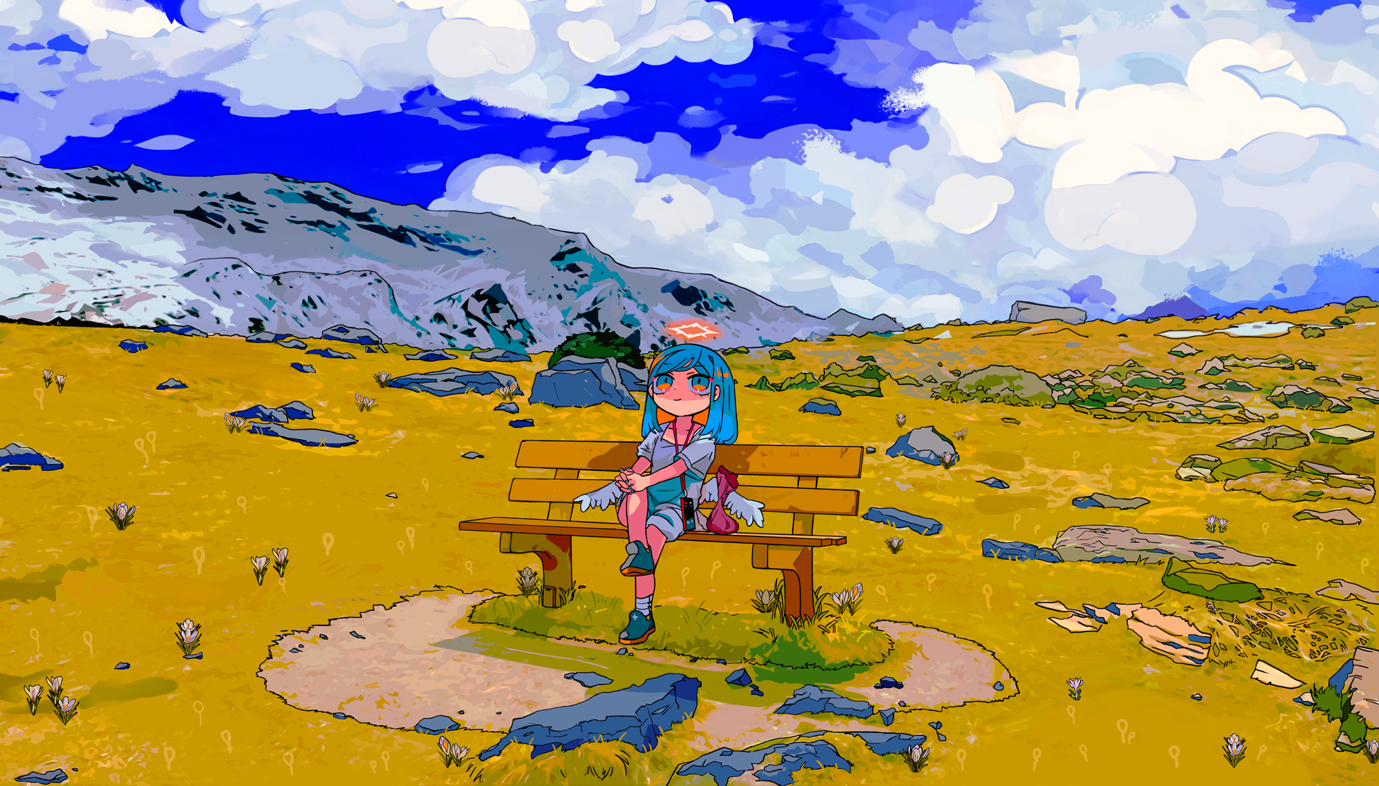 Anime girl with halo sitting on a bench in a mountainous landscape HD Wallpaper