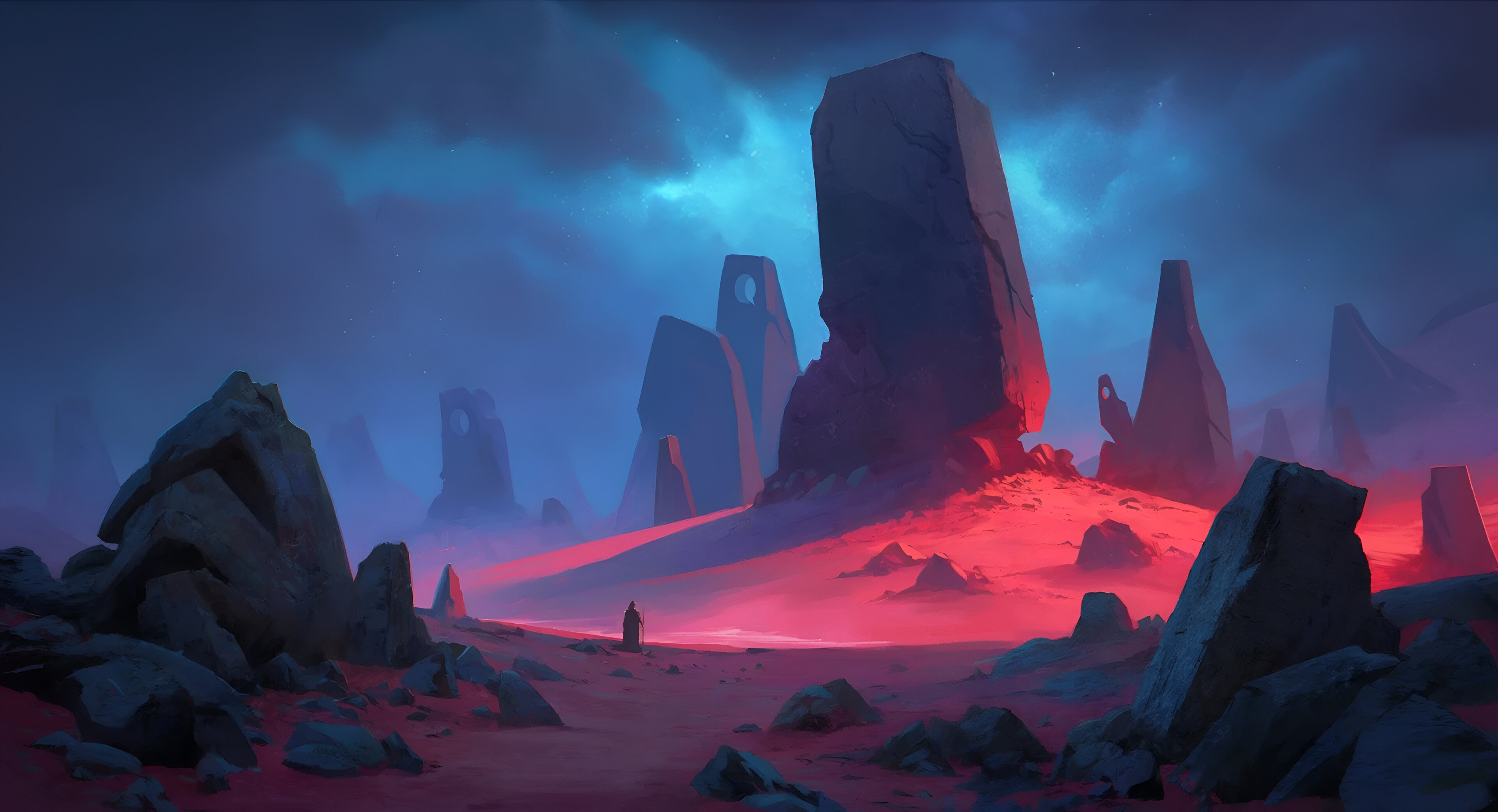 Lone figure in a surreal landscape with glowing red light HD Wallpaper