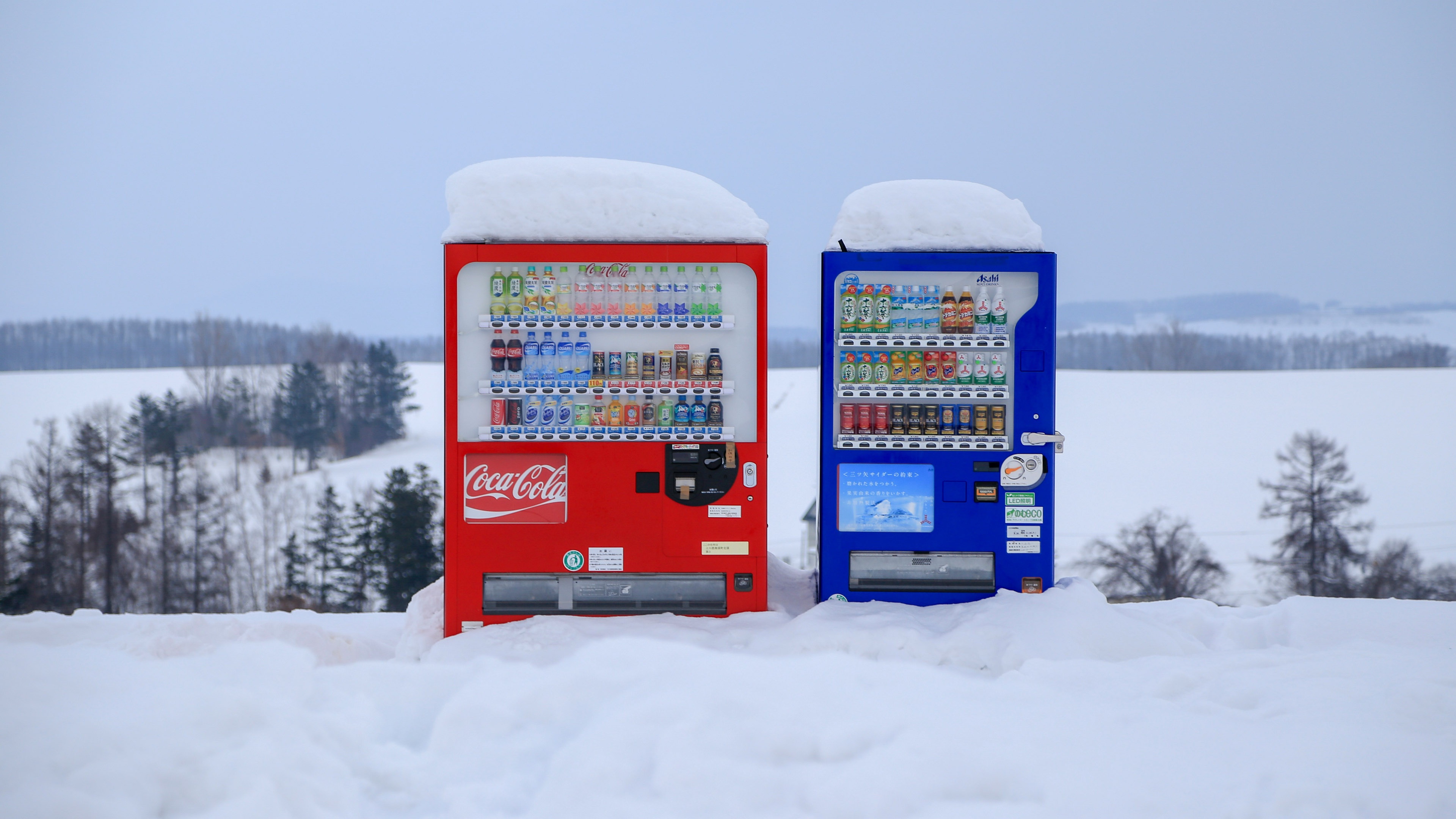 Two Coca-Cola vending machines in the snow HD Wallpaper