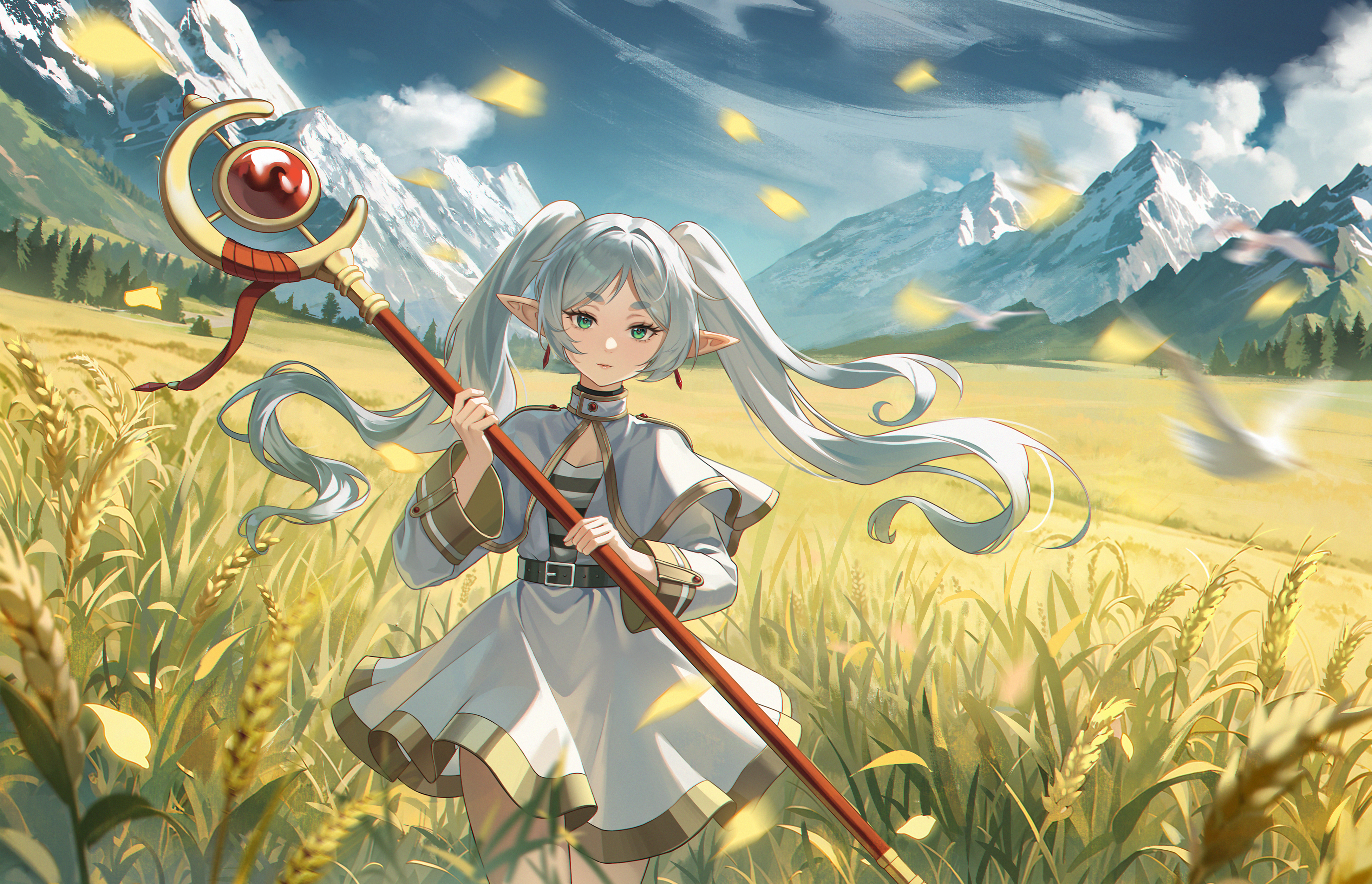 Sousou No Frieren in a Wheat Field with Mountains HD Wallpaper