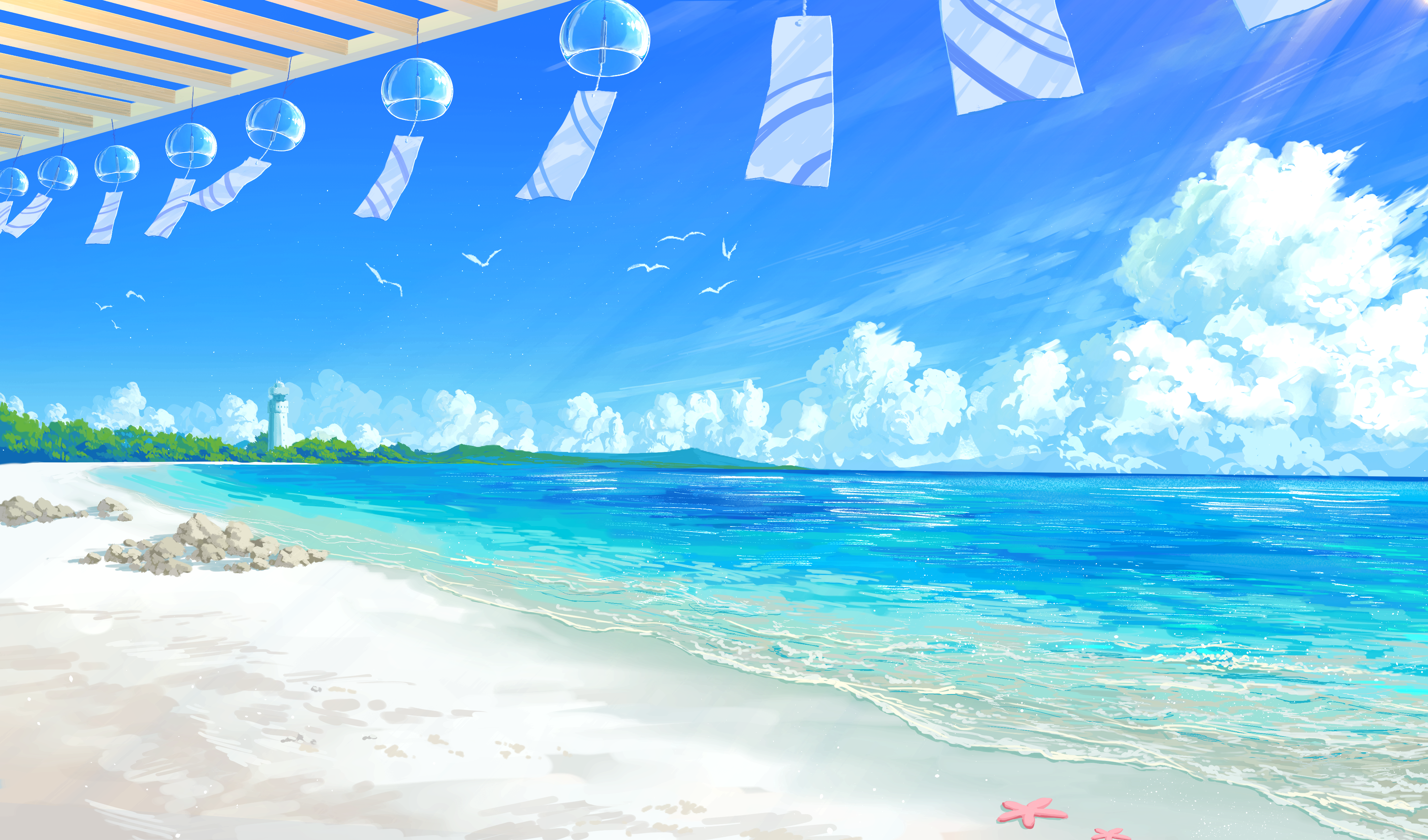 Beach scene with wind chimes and ocean waves HD Wallpaper