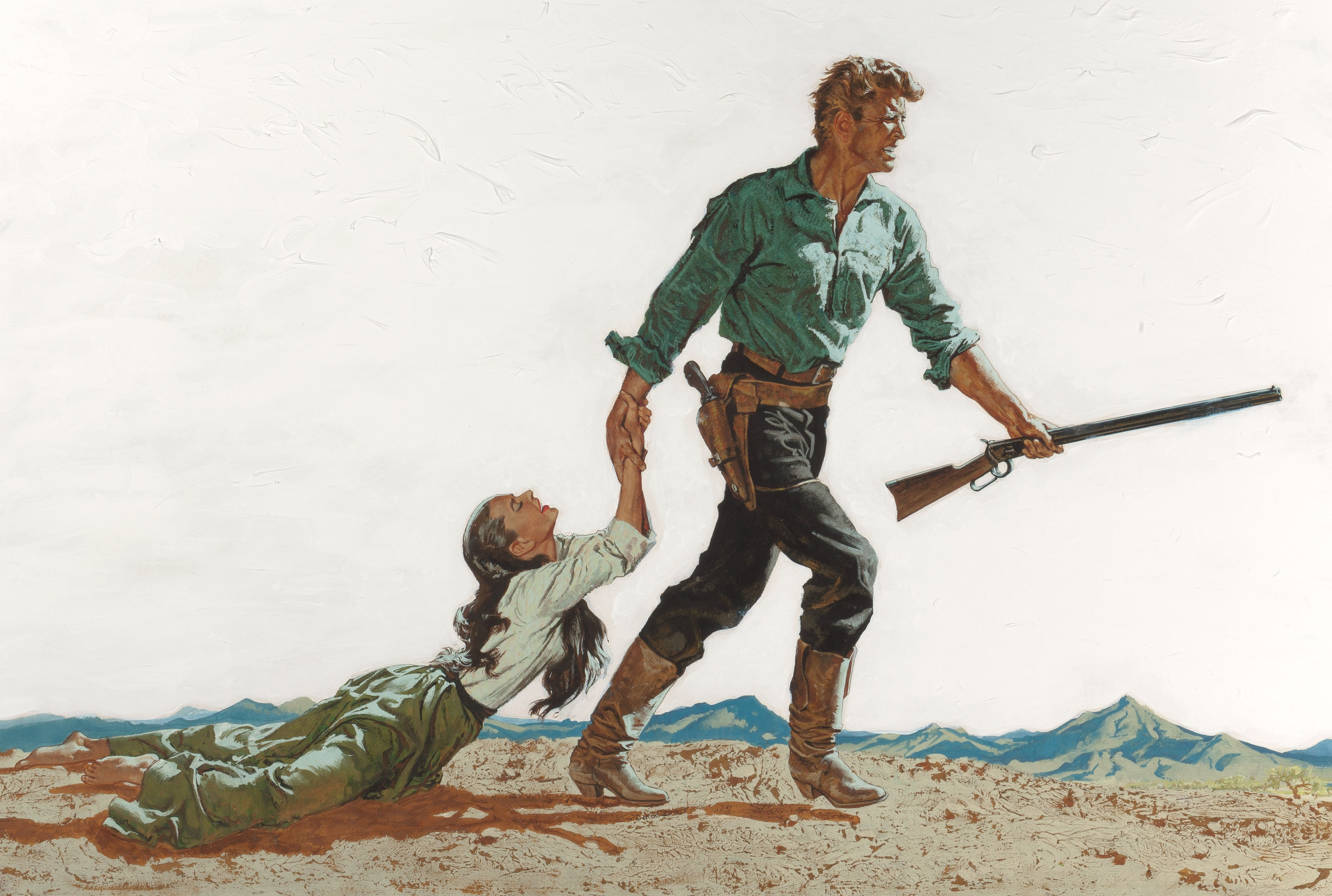 Gunslinger pulling a woman through a desert landscape HD Wallpaper