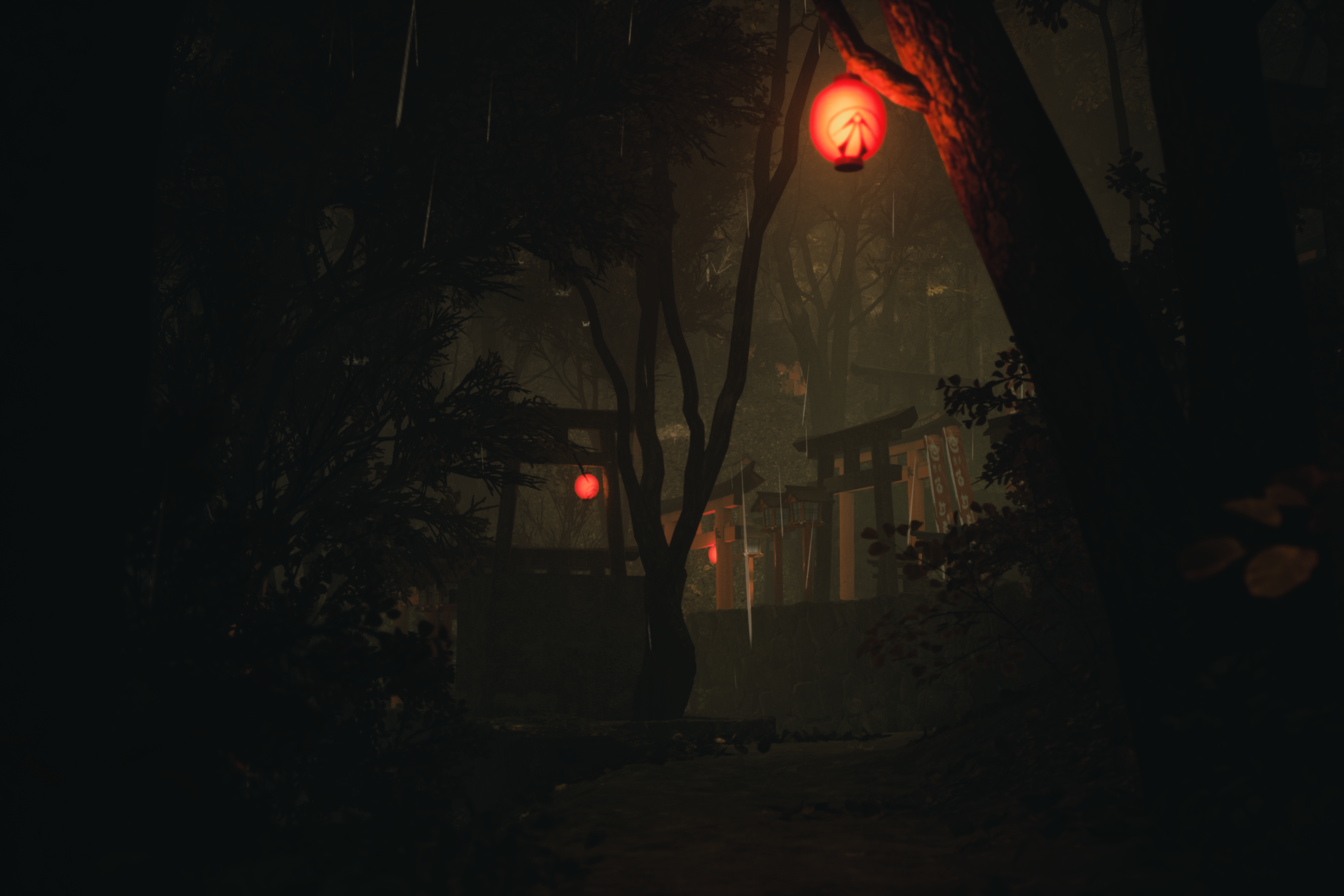 Video game art of a foggy Japanese forest with torii gates HD Wallpaper