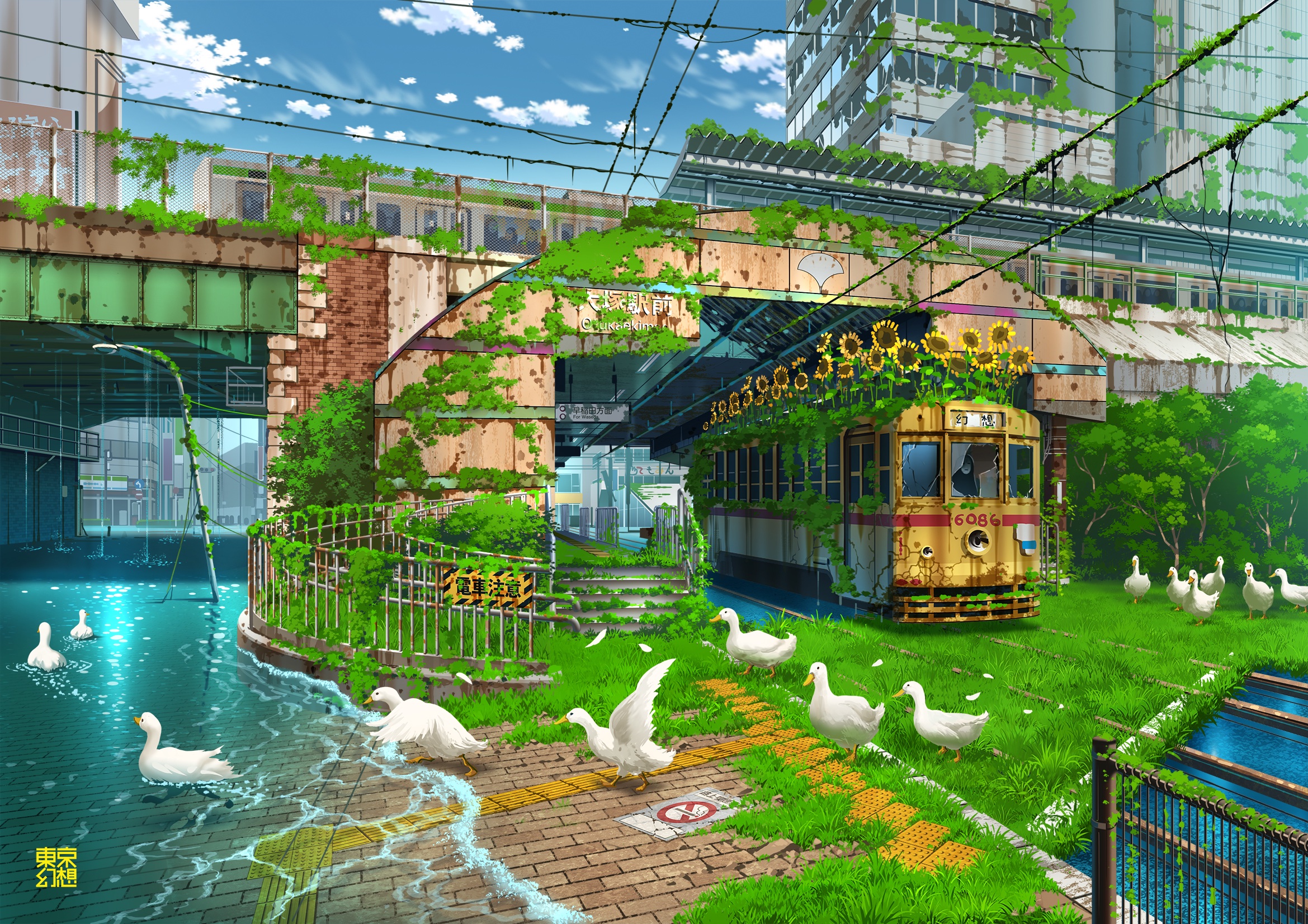 Overgrown tram station with ducks and sunflowers HD Wallpaper