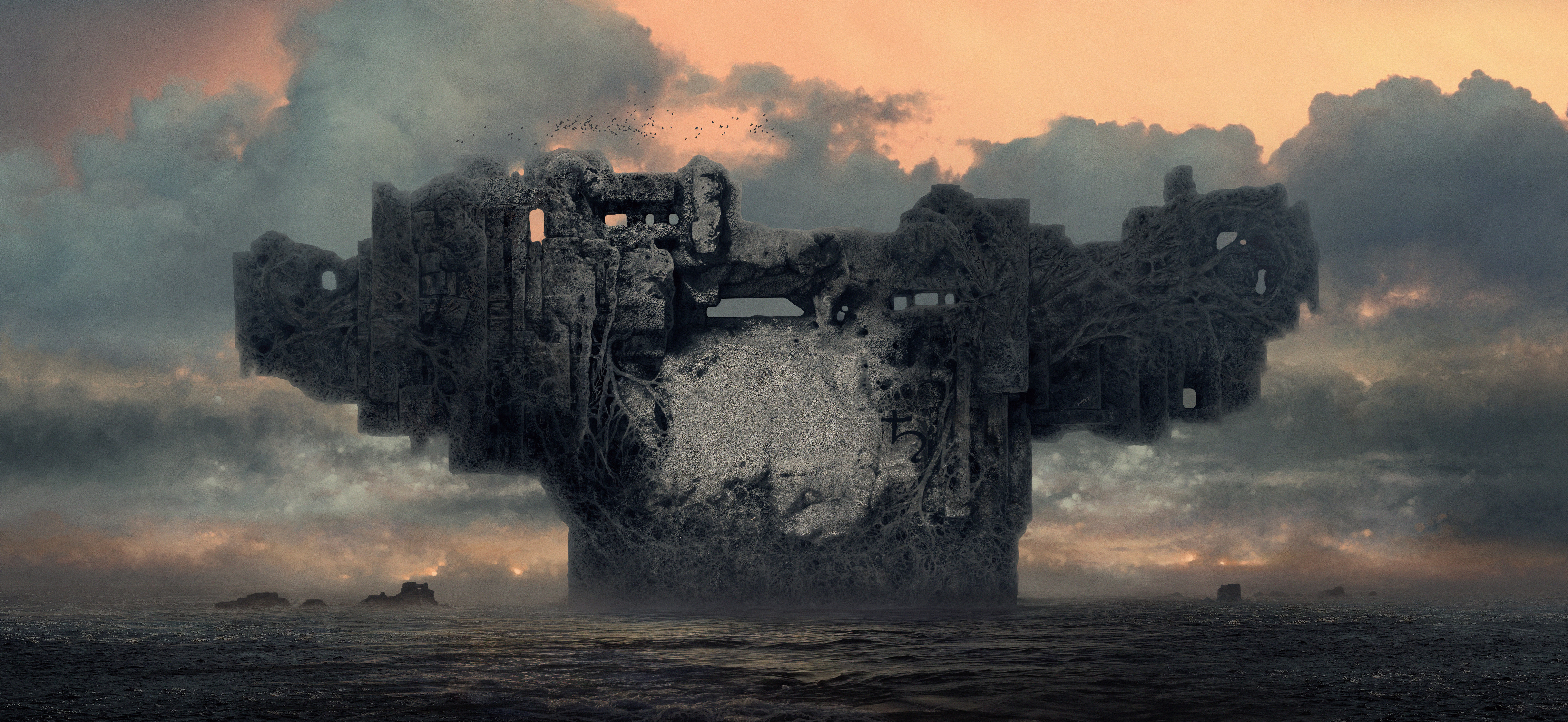 Floating island ruins in a gloomy sunset HD Wallpaper