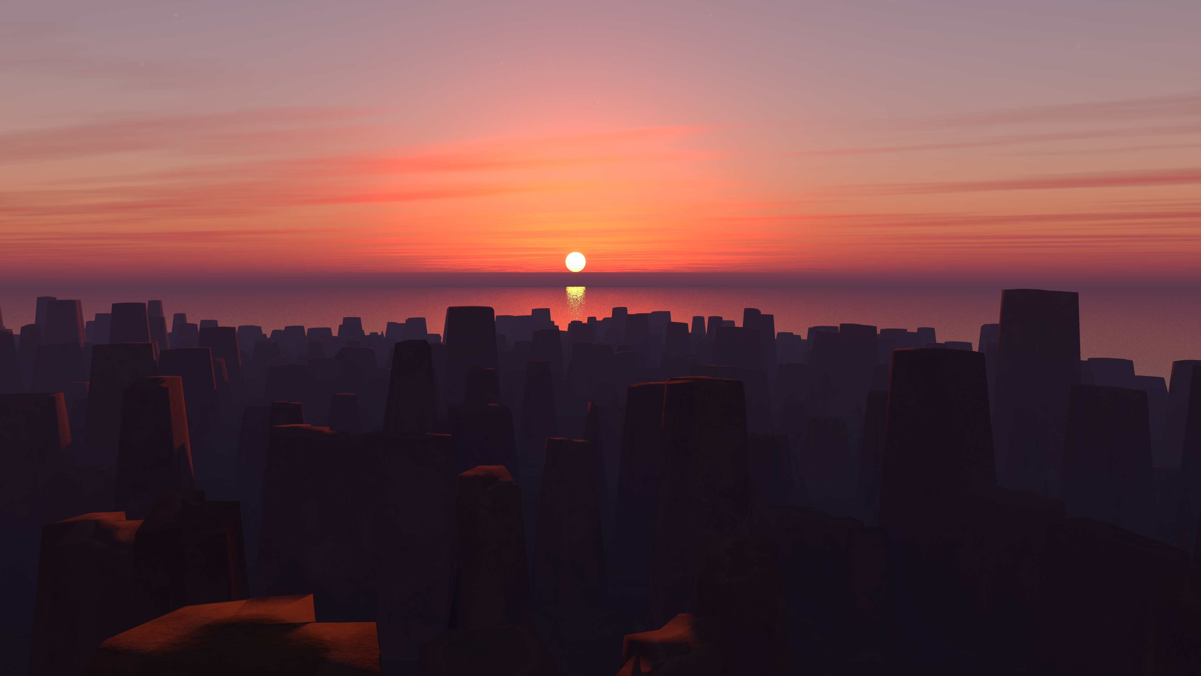Digital art cityscape at sunset with orange sky HD Wallpaper