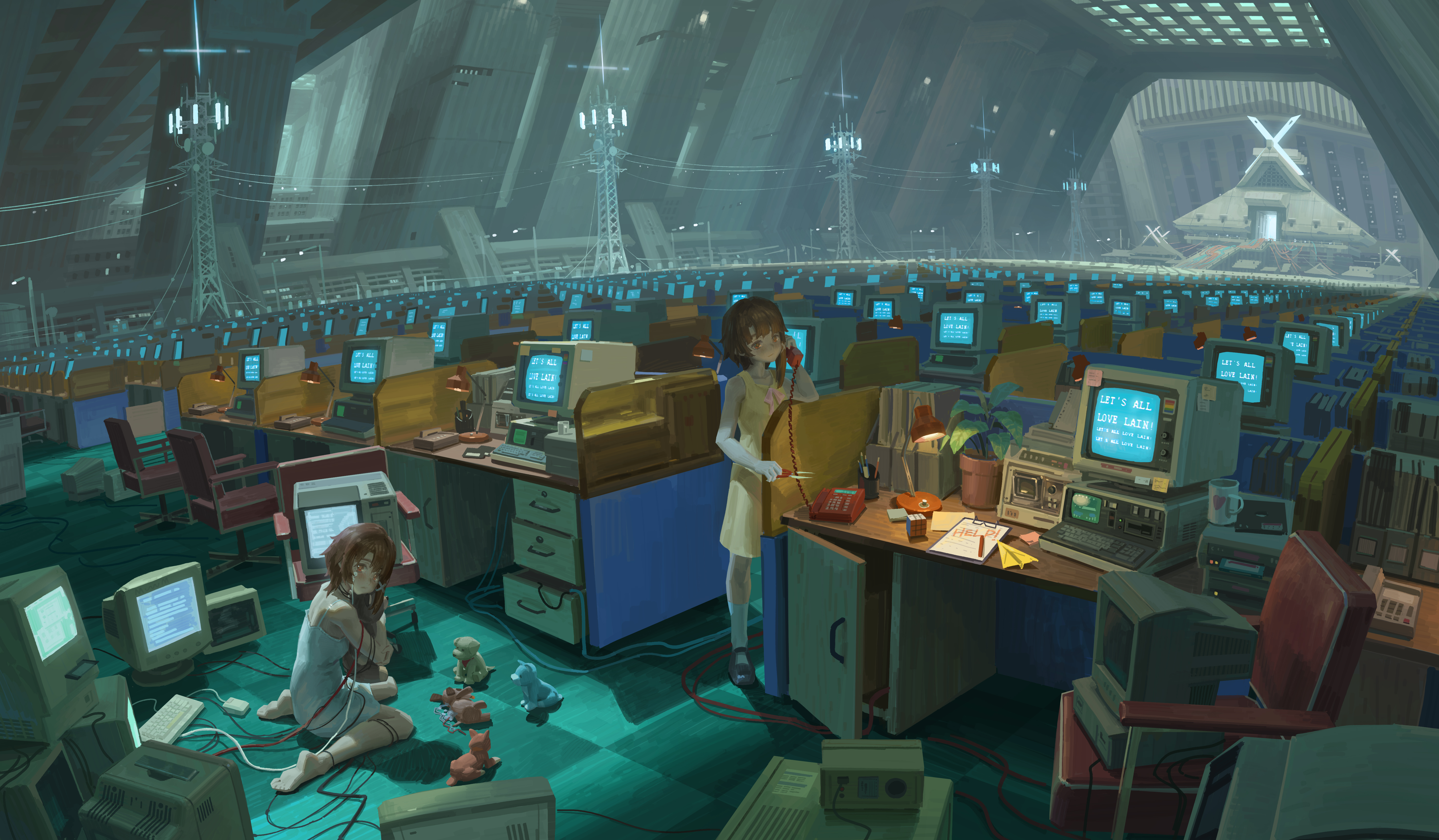 Lain Iwakura in a futuristic computer room HD Wallpaper