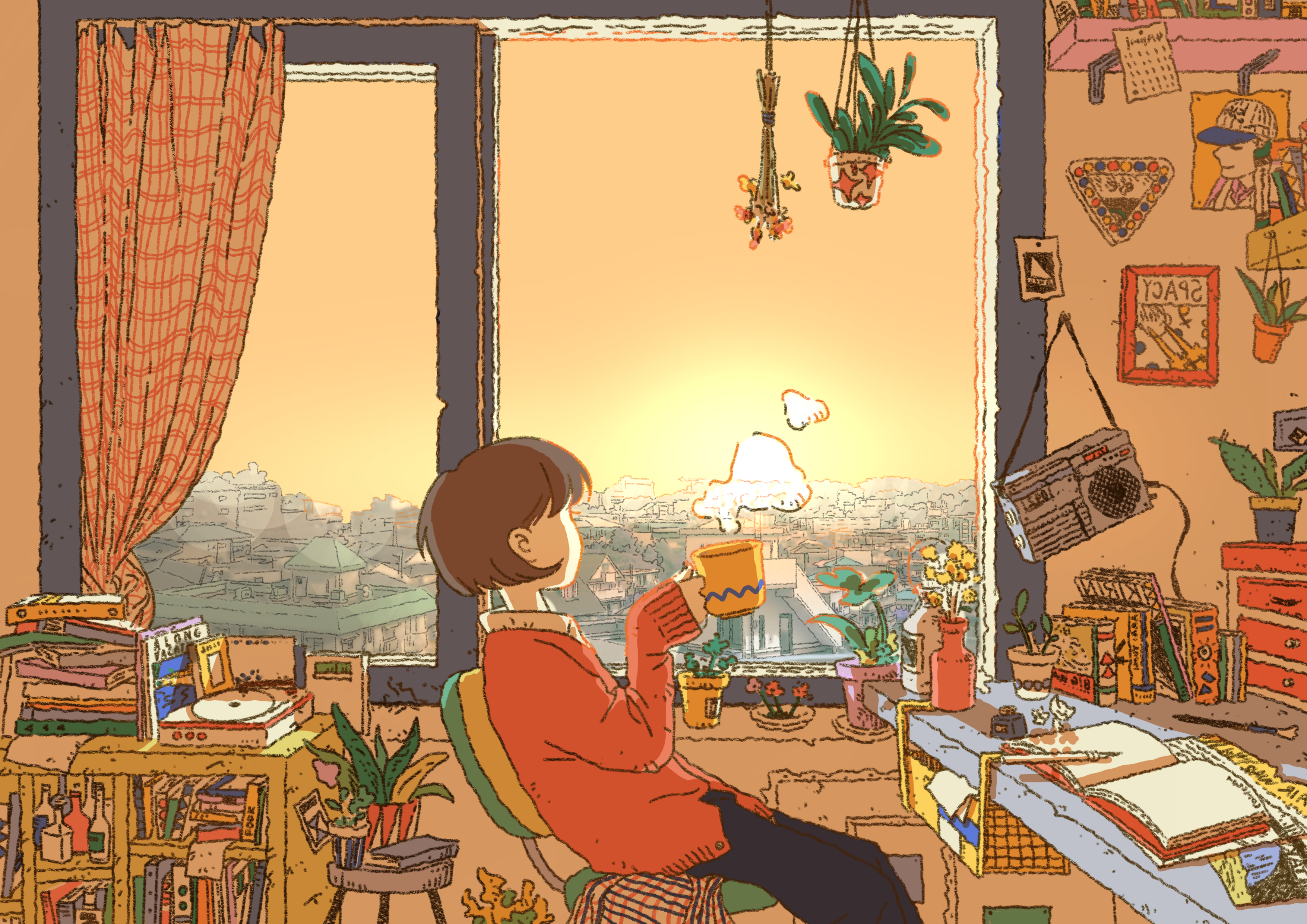 Woman drinking coffee by the window at sunset HD Wallpaper